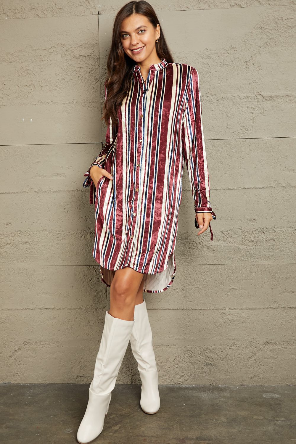 e.Luna Stripe Velvet Dress with Pockets-VMA Specialties Boutique