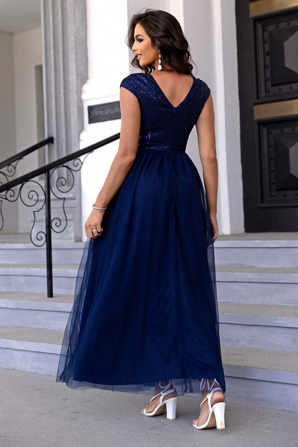 Sequin V-Neck Mesh Maxi Dress-VMA Specialties Boutique