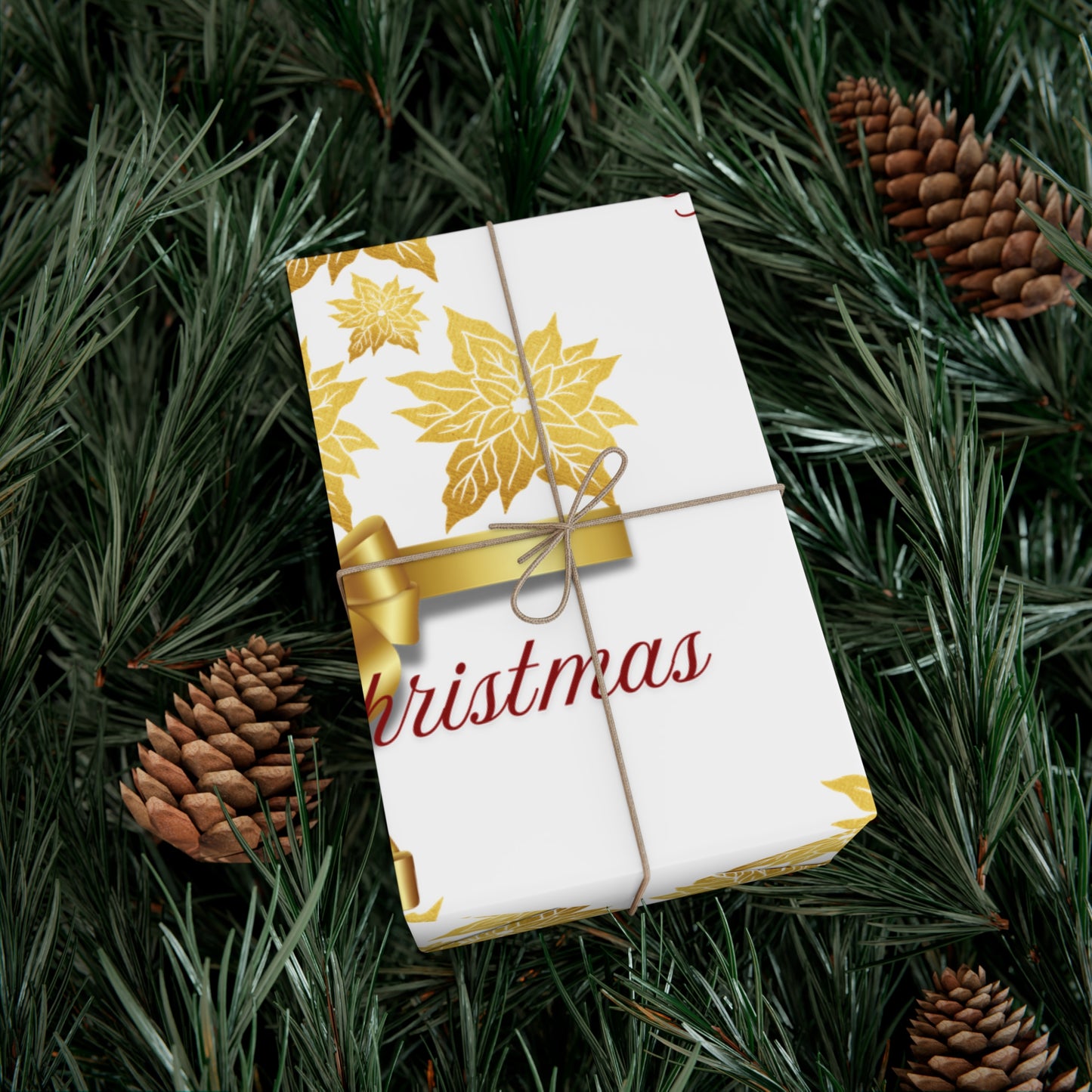 Wrapping Papers - Festive Golden Poinsettia Flowers Merry Christmas Gift Wrap Roll, Elegant White Gold Ribbon Accents,