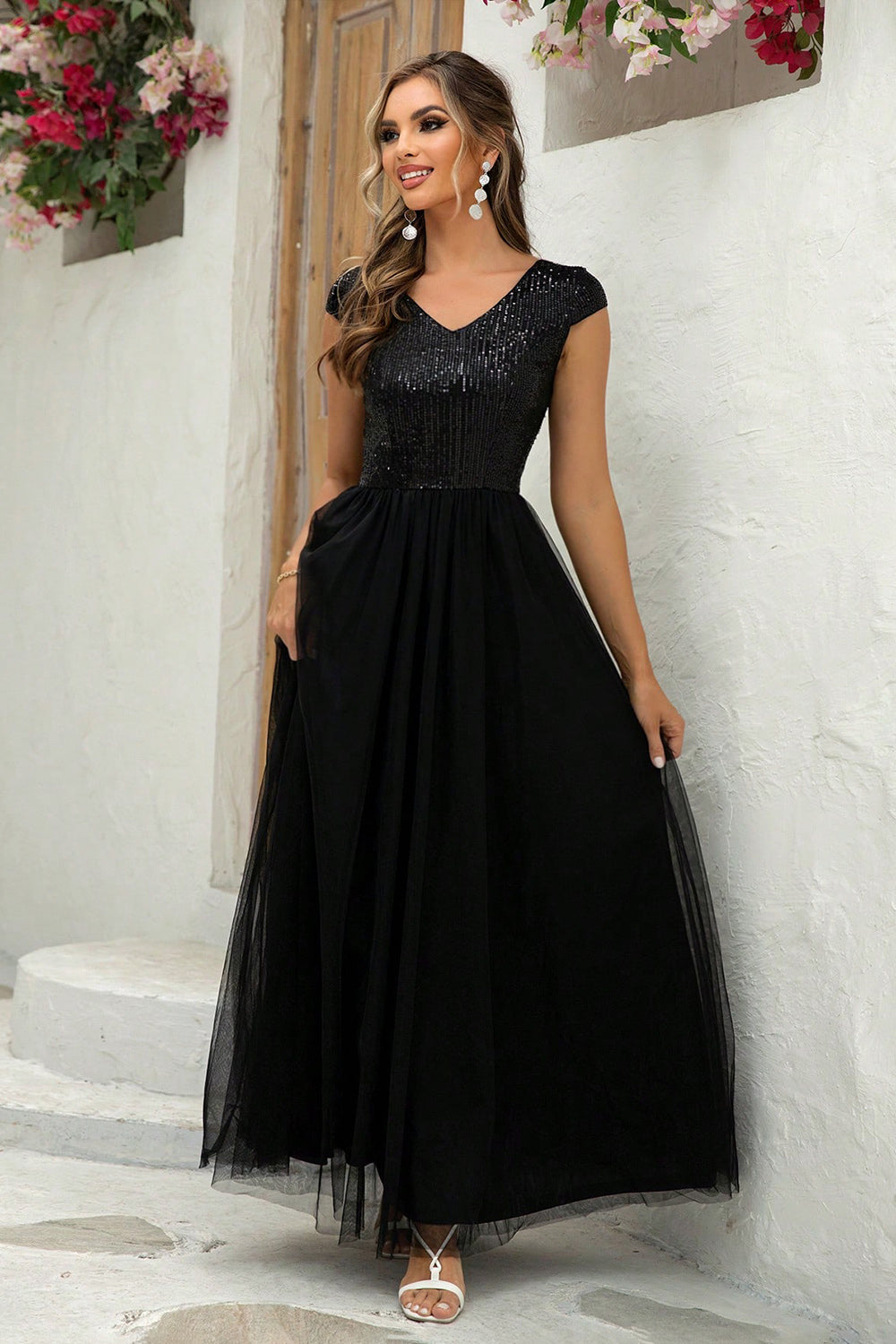 Sequin V-Neck Mesh Maxi Dress-VMA Specialties Boutique