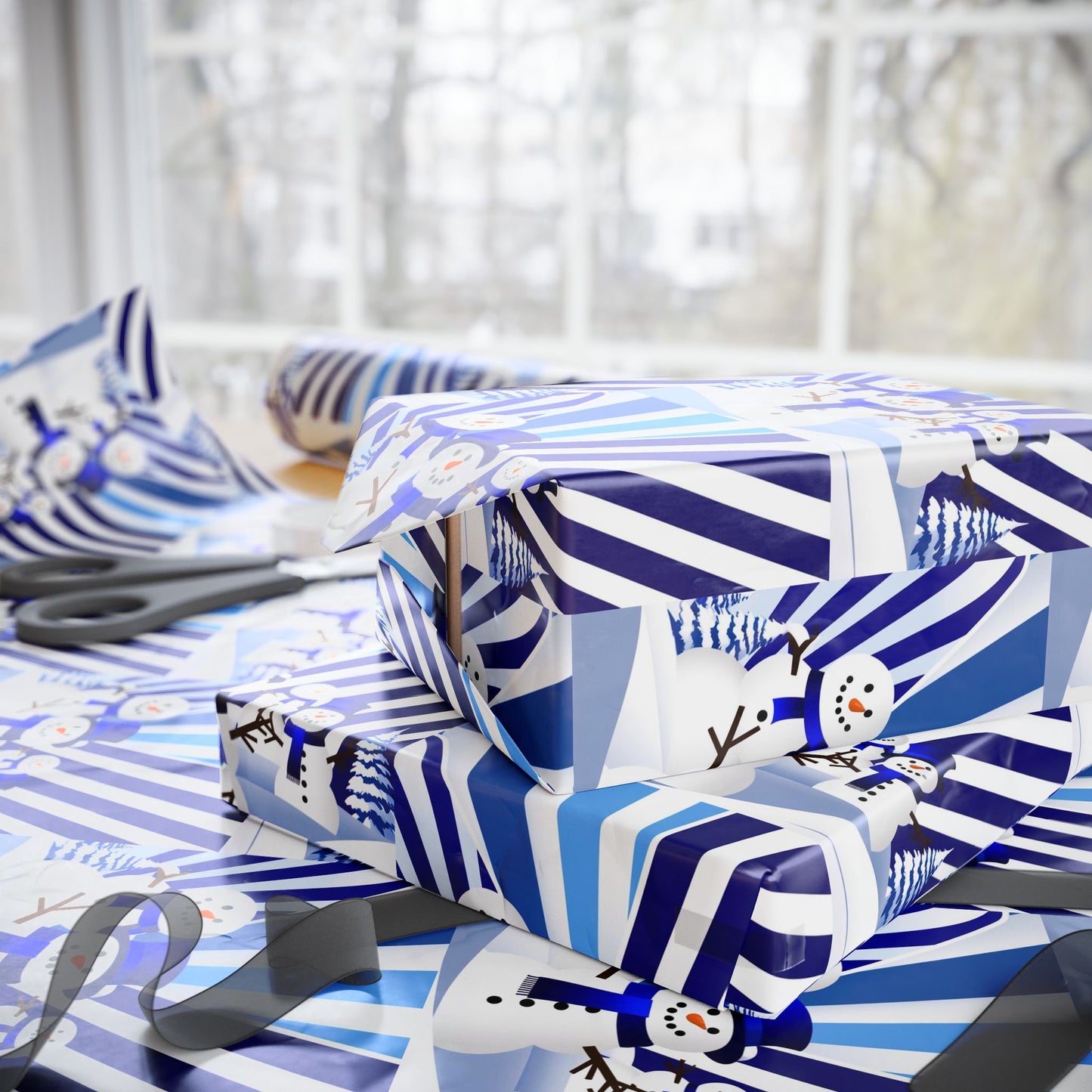 Wrapping Paper, Festive Snowman Holiday Gift Wrap, Winter Blue White Stripes, Christmas Present Packaging, Rustic Pine Branches, Cheerful