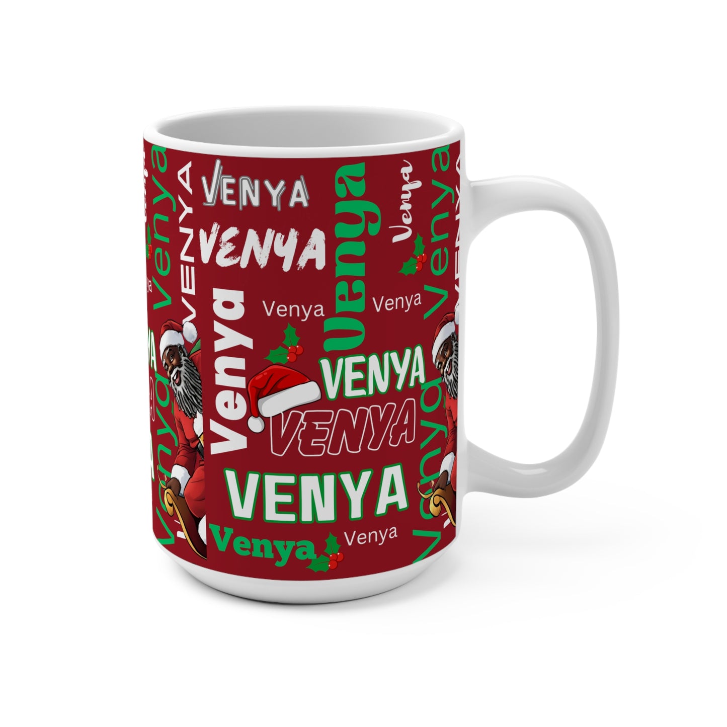 Red Writing Wall Mug, Black Santa Knows My Name, Your Name, 15oz Cup for Holidays, Christmas Gift, Personalized