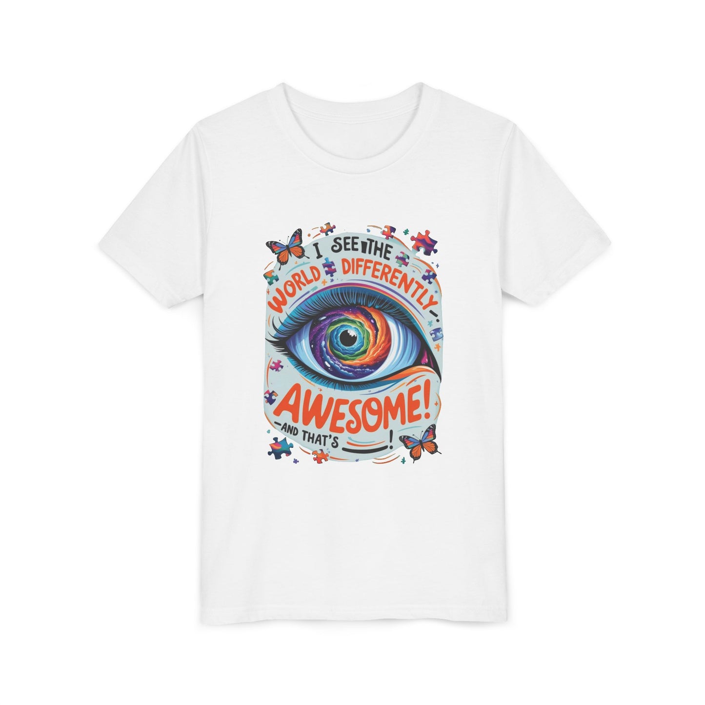 Autism Awareness Youth Tee, Eye Galaxy, Puzzle Pieces, Butterflies, Neurodiversity Shirt, Unique Perspective Clothing