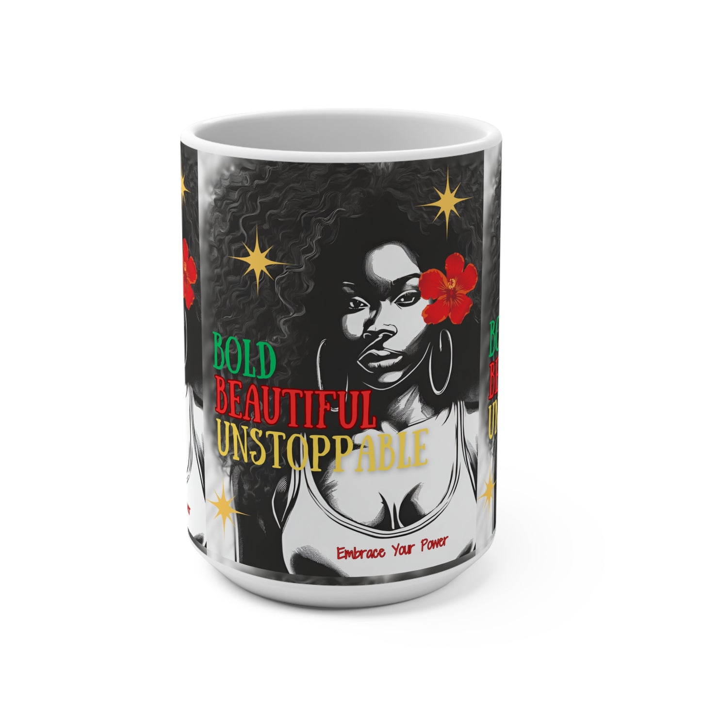 Bold Beautiful Unstoppable Empower She RED Black Gold Colors Mug