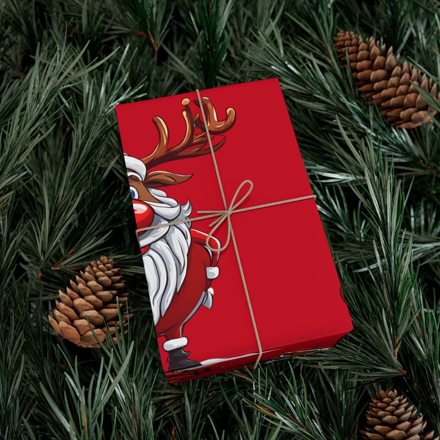 Wrapping Papers - Cheerful Cartoon Reindeer Holiday Gift Wrap, Santa Reindeer Patterned Gift Wrap, Playful