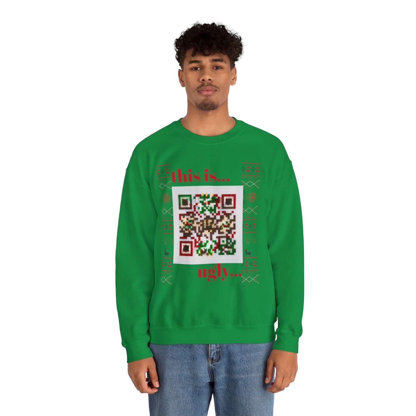 Ugly Christmas Sweater Sweatshirt with QR Code, Festive Holiday Jumper, Red Winter Pullover, Unisex Xmas Top, Knit Pattern Ugly Jumper,