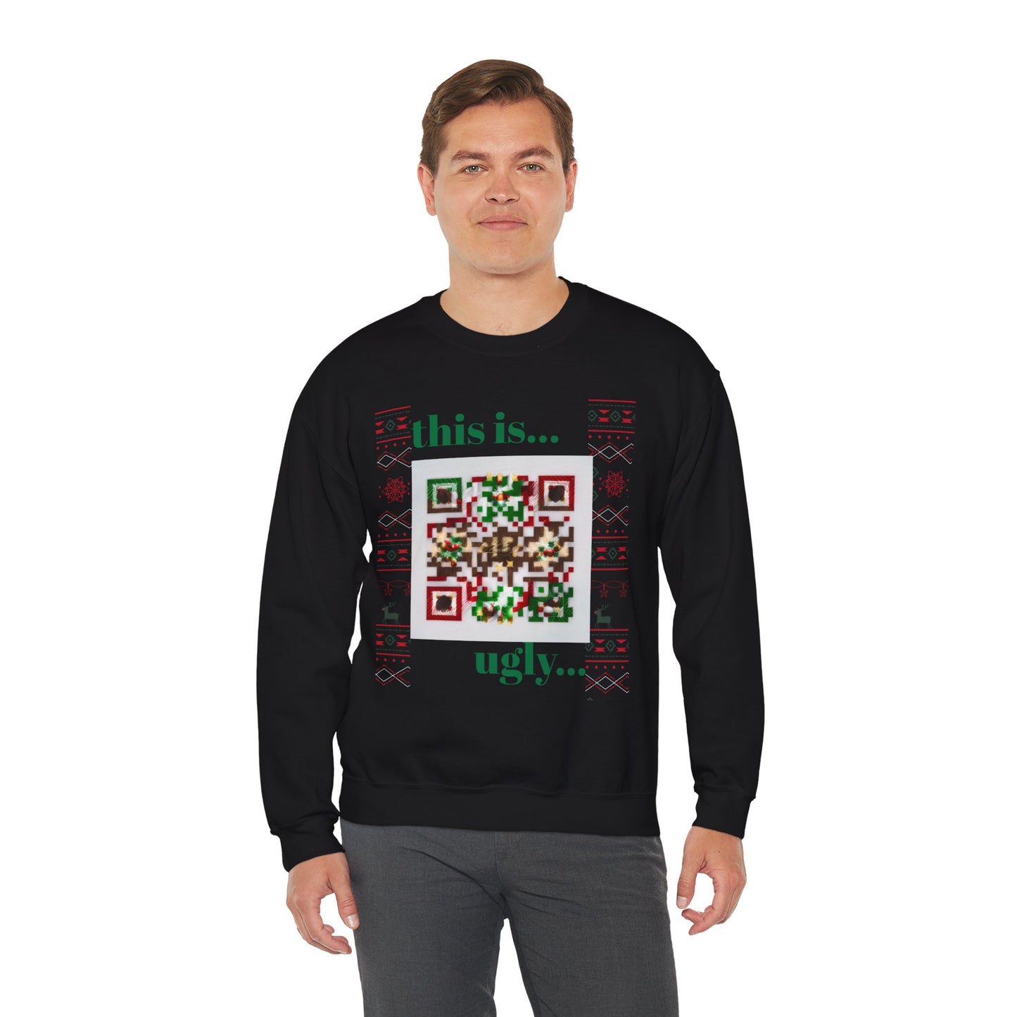 Ugly Christmas Sweater Sweatshirt with QR Code, Festive Holiday Jumper, Red Winter Pullover, Unisex Xmas Top, Knit Pattern Ugly Jumper,
