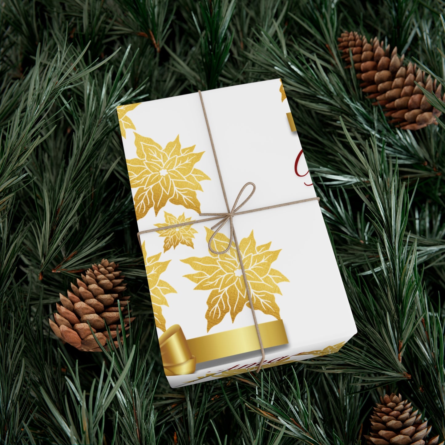 Wrapping Papers - Festive Golden Poinsettia Flowers Merry Christmas Gift Wrap Roll, Elegant White Gold Ribbon Accents,