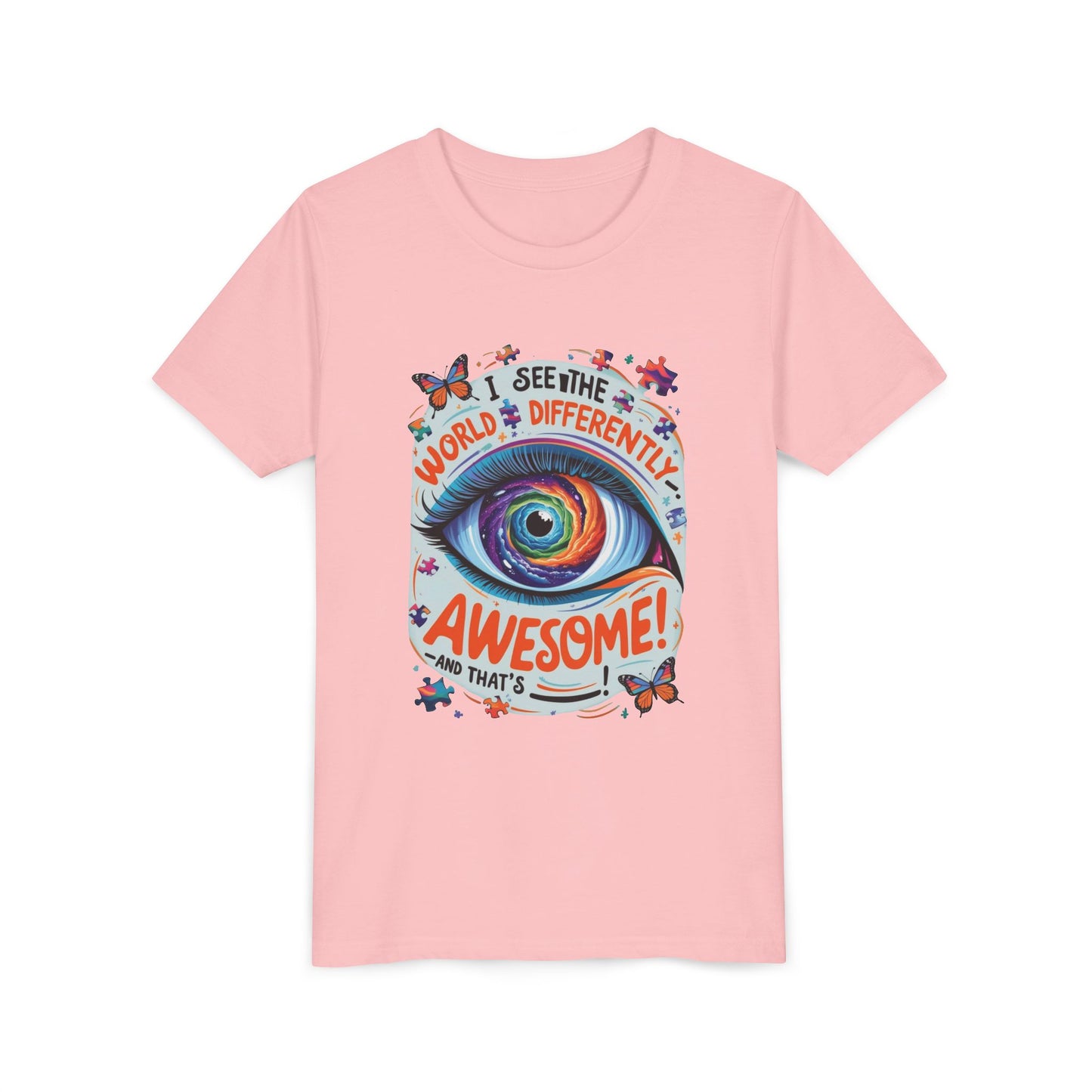 Autism Awareness Youth Tee, Eye Galaxy, Puzzle Pieces, Butterflies, Neurodiversity Shirt, Unique Perspective Clothing
