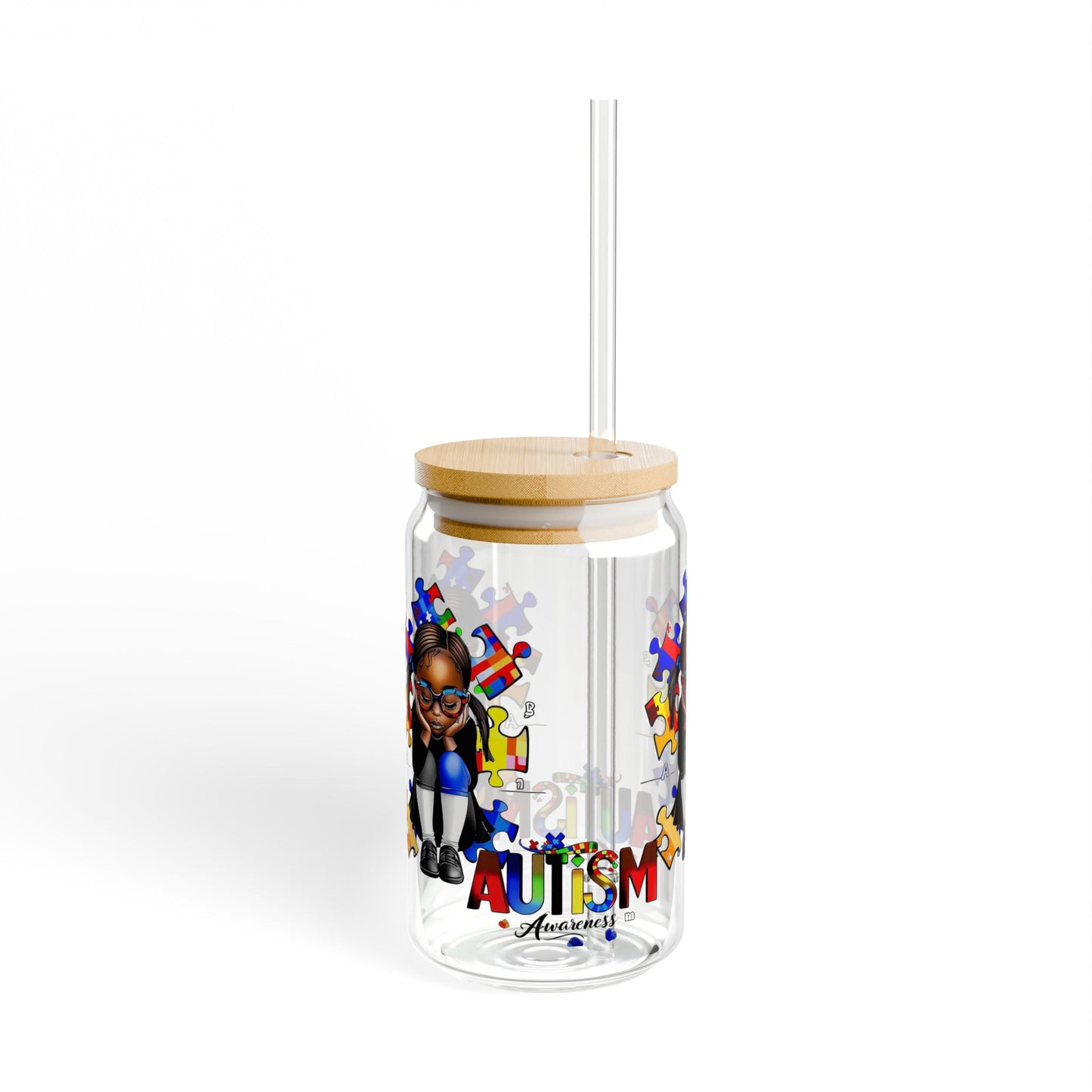 Sipper Glass, 16oz featuring Autism Awareness design - Black girl with puzzle pieces, Autistic Awareness gift, Puzzle pieces