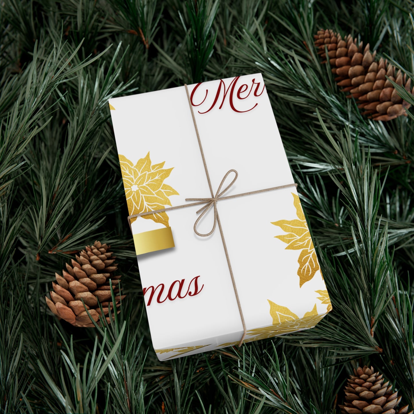Wrapping Papers - Festive Golden Poinsettia Flowers Merry Christmas Gift Wrap Roll, Elegant White Gold Ribbon Accents,