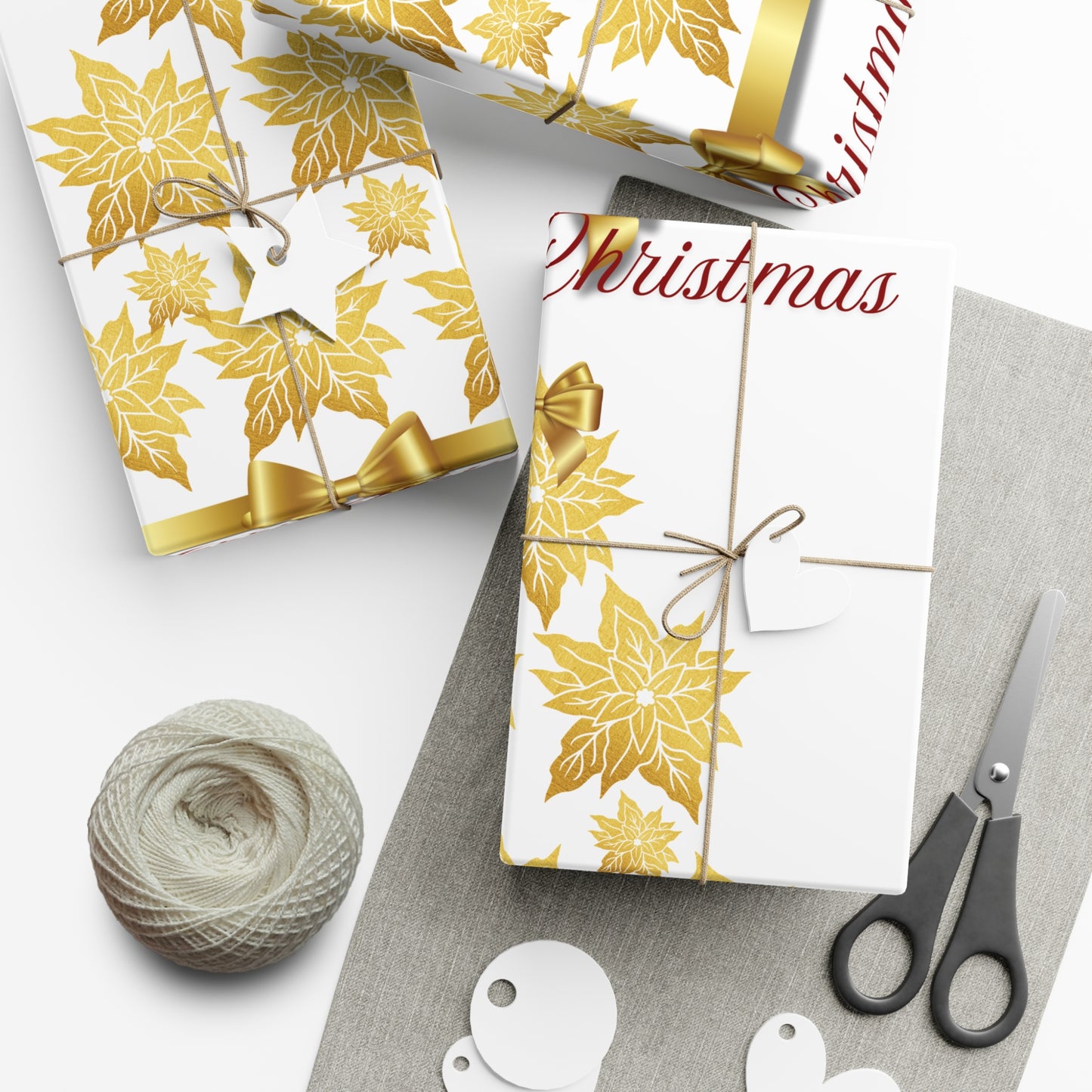 Wrapping Papers - Festive Golden Poinsettia Flowers Merry Christmas Gift Wrap Roll, Elegant White Gold Ribbon Accents,
