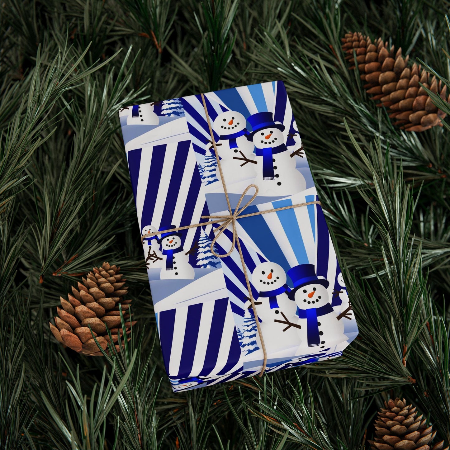 Wrapping Paper, Festive Snowman Holiday Gift Wrap, Winter Blue White Stripes, Christmas Present Packaging, Rustic Pine Branches, Cheerful