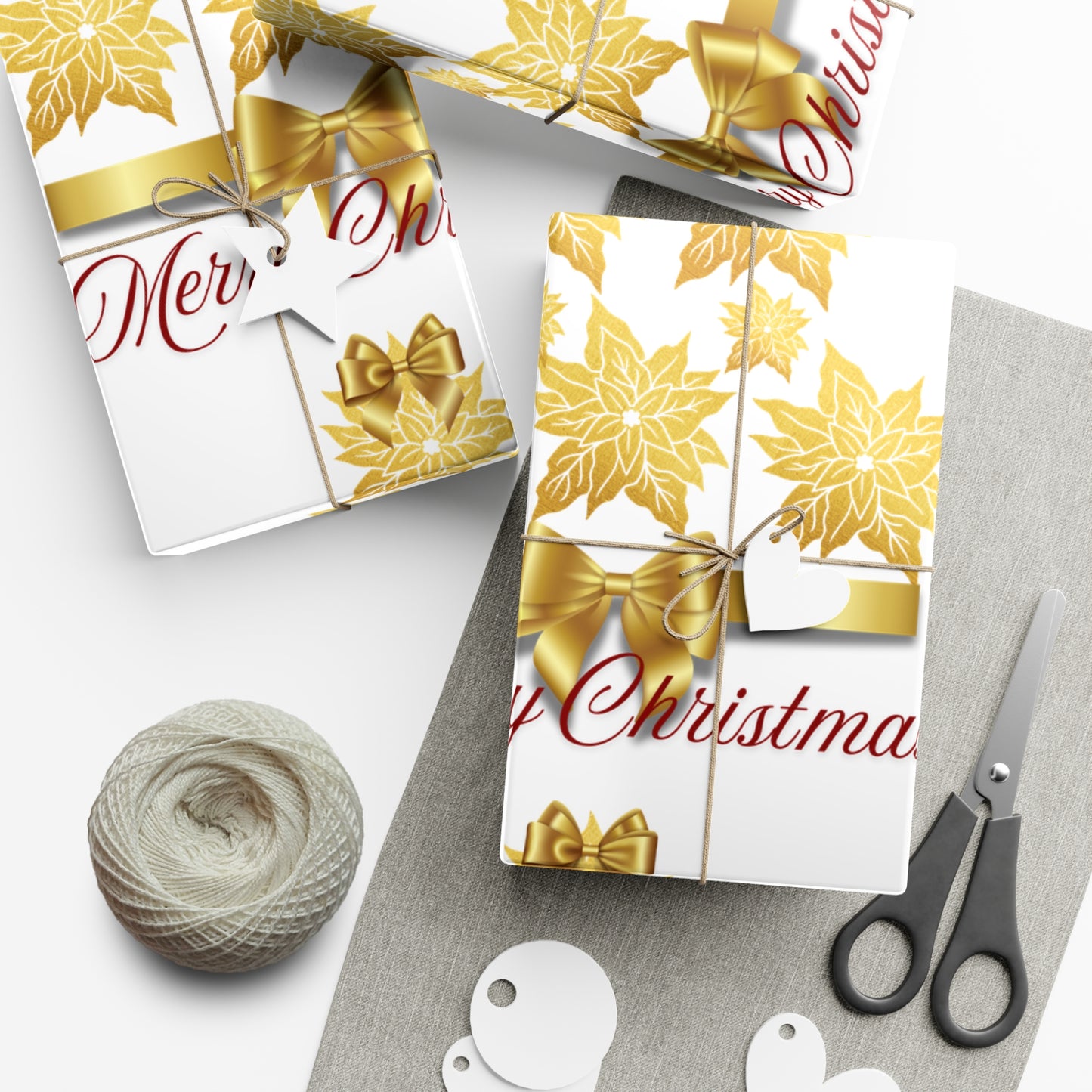 Wrapping Papers - Festive Golden Poinsettia Flowers Merry Christmas Gift Wrap Roll, Elegant White Gold Ribbon Accents,