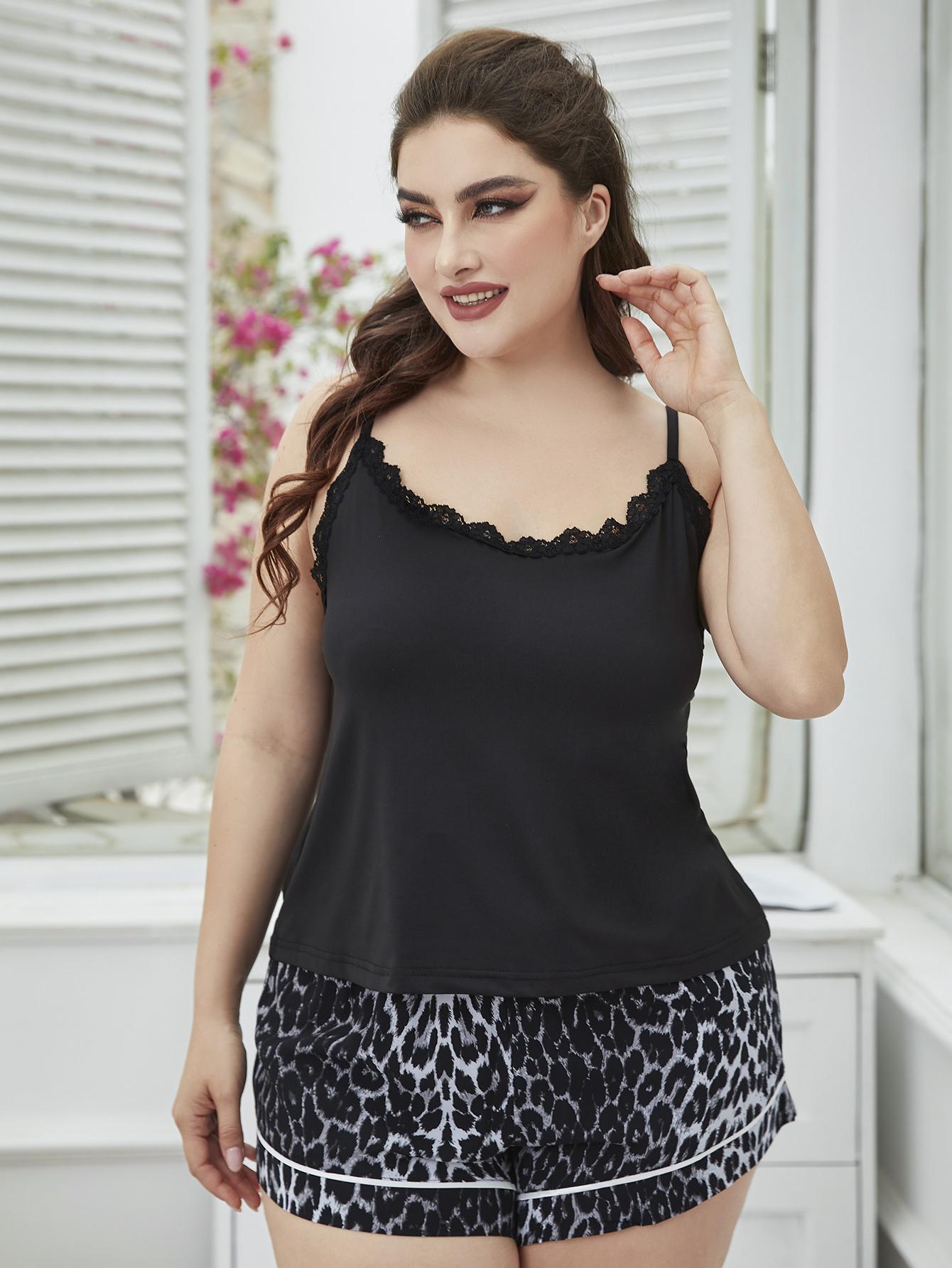 Plus Size Lace Trim Scoop Neck Cami and Printed Shorts Pajama Set-VMA Specialties Boutique