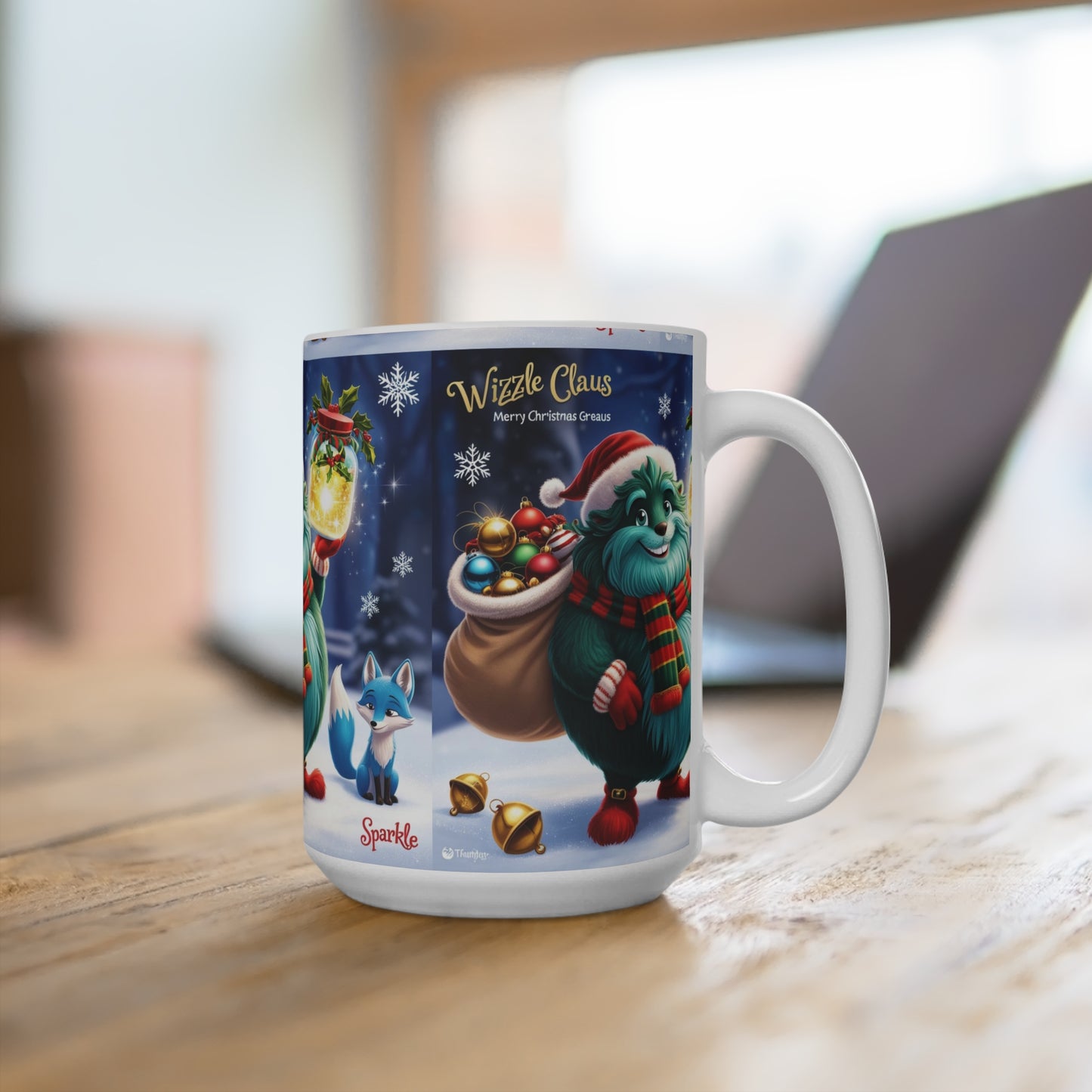 Mug 15oz Wizzle Claus Magical Winter Festive Holiday Cheer Red Gloves Santa Hat Ornaments Bells, Christmas Gift, Coffee Cup,