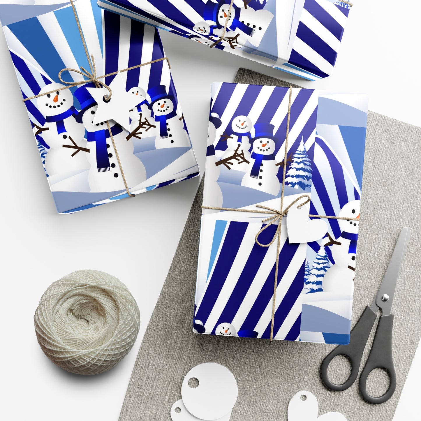 Wrapping Paper, Festive Snowman Holiday Gift Wrap, Winter Blue White Stripes, Christmas , Rustic Pine Branches, Cheerful