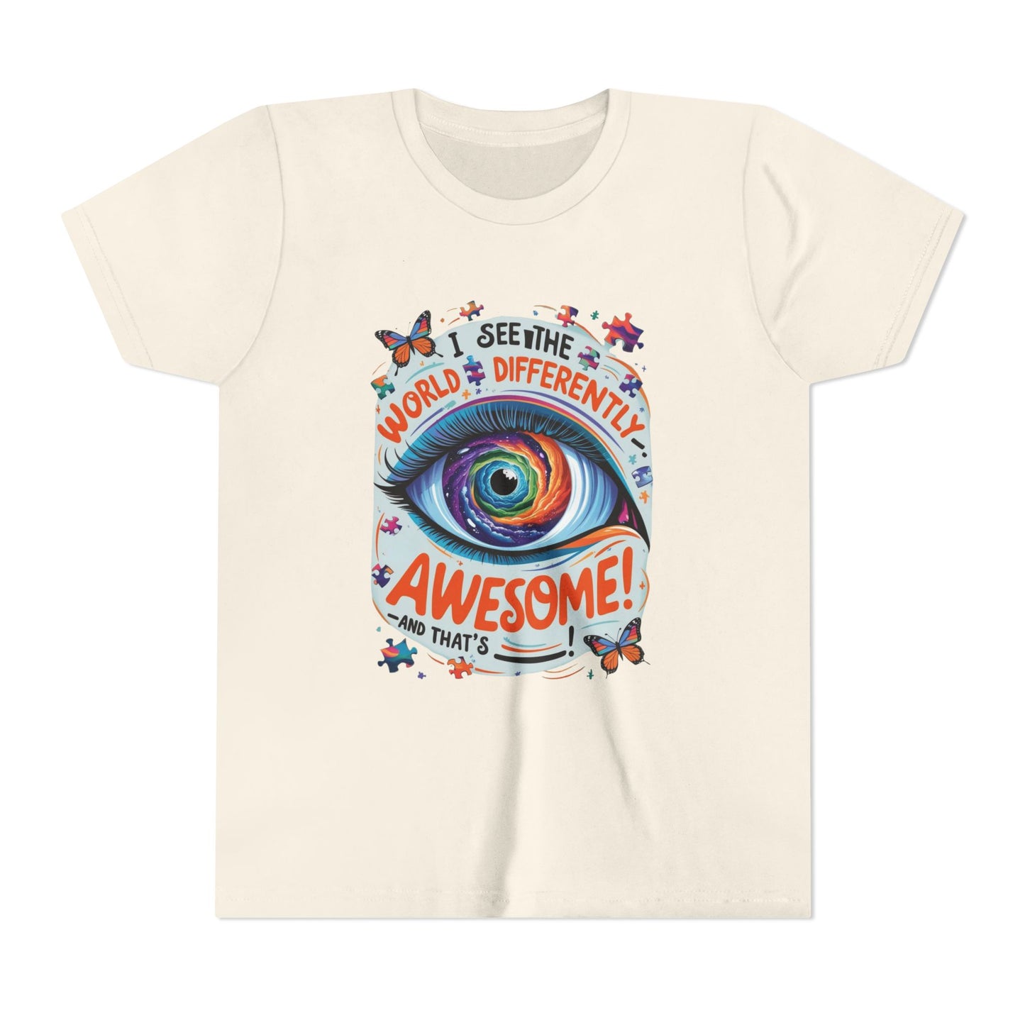 Autism Awareness Youth Tee, Eye Galaxy, Puzzle Pieces, Butterflies, Neurodiversity Shirt, Unique Perspective Clothing
