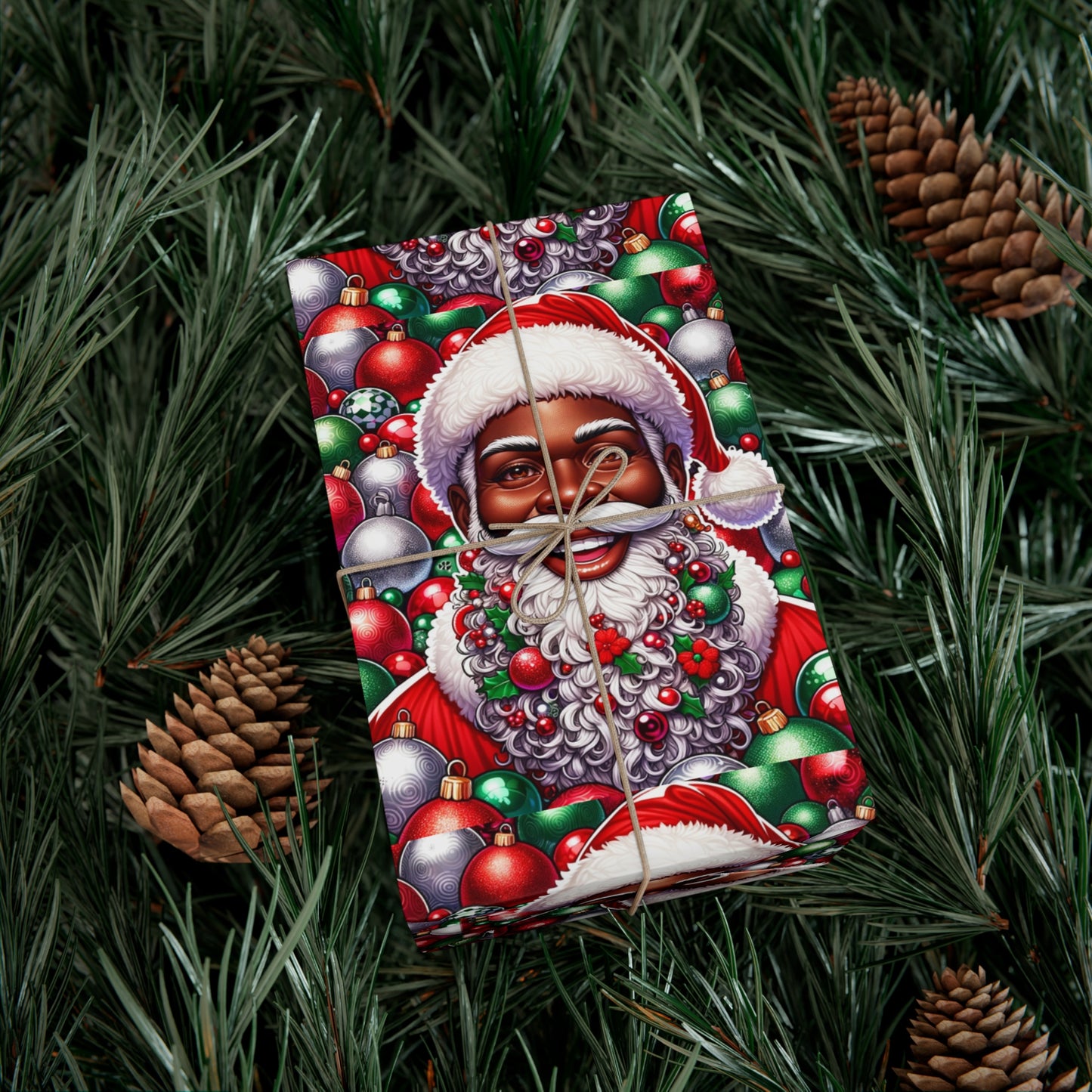 Christmas Cheer Wrapping Papers, Festive African American Santa Gift Wrap, HoliRosy Cheeks, Nose, Xmas Spirit Decor, P