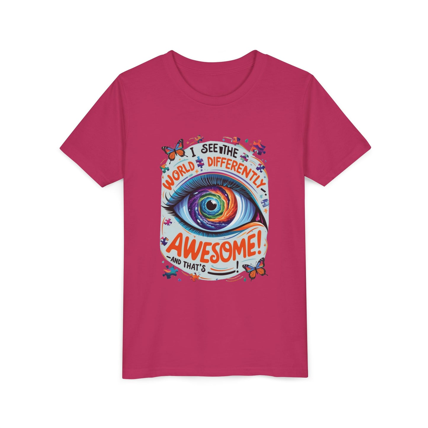 Autism Awareness Youth Tee, Eye Galaxy, Puzzle Pieces, Butterflies, Neurodiversity Shirt, Unique Perspective Clothing