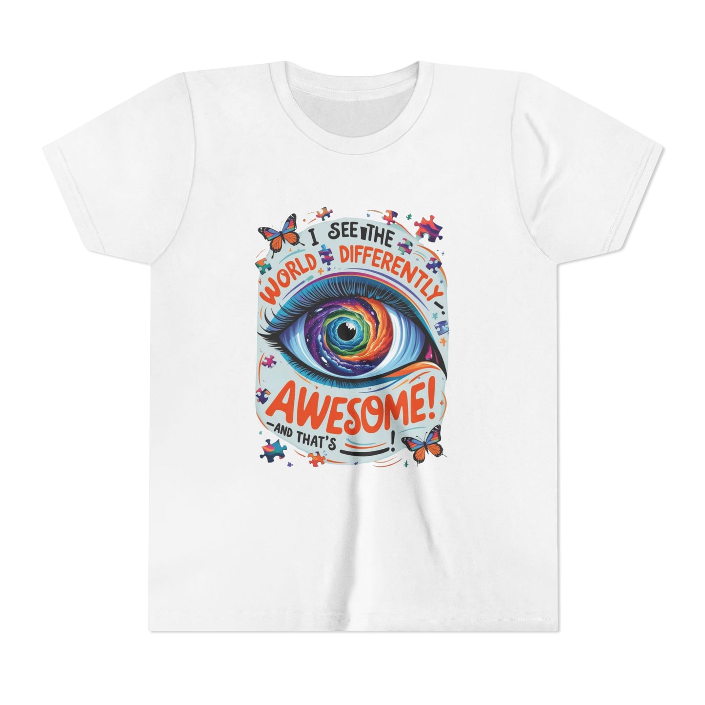 Autism Awareness Youth Tee, Eye Galaxy, Puzzle Pieces, Butterflies, Neurodiversity Shirt, Unique Perspective Clothing
