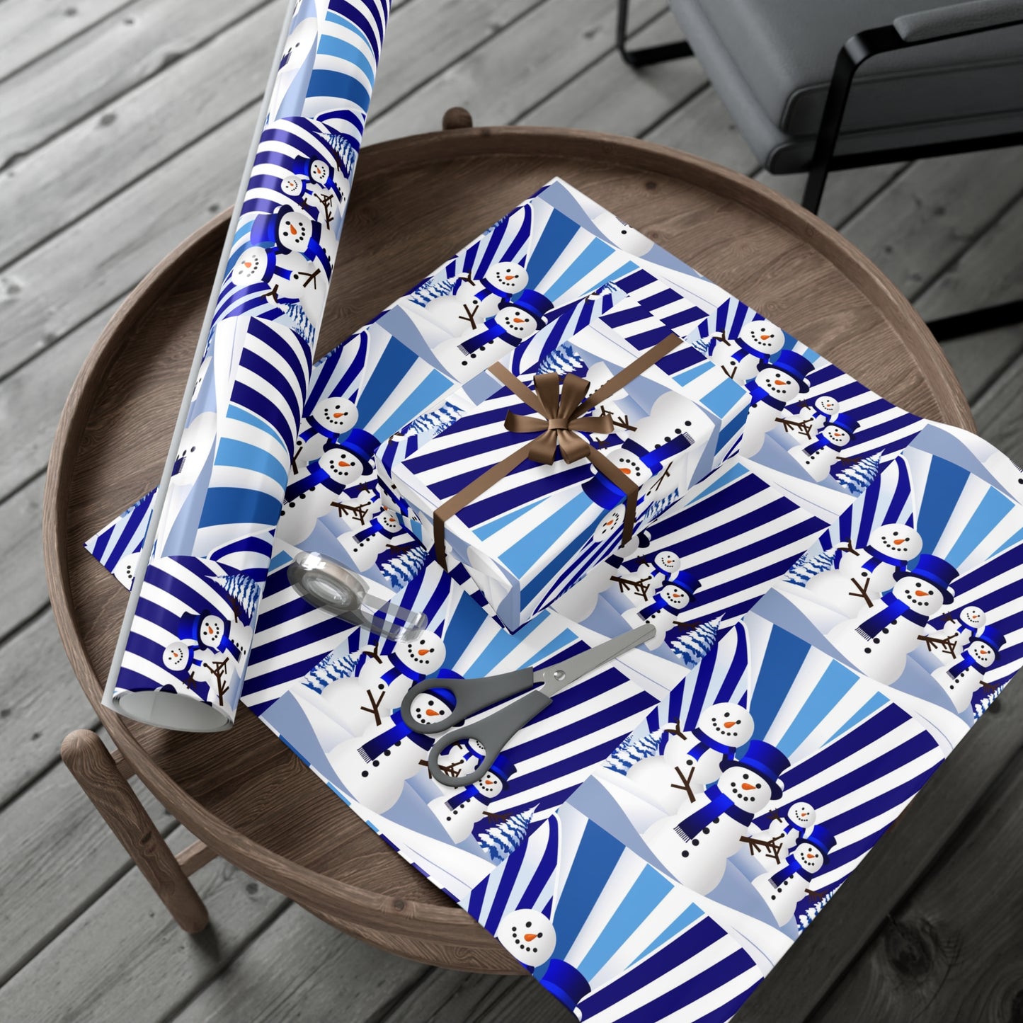 Wrapping Paper, Festive Snowman Holiday Gift Wrap, Winter Blue White Stripes, Christmas , Rustic Pine Branches, Cheerful