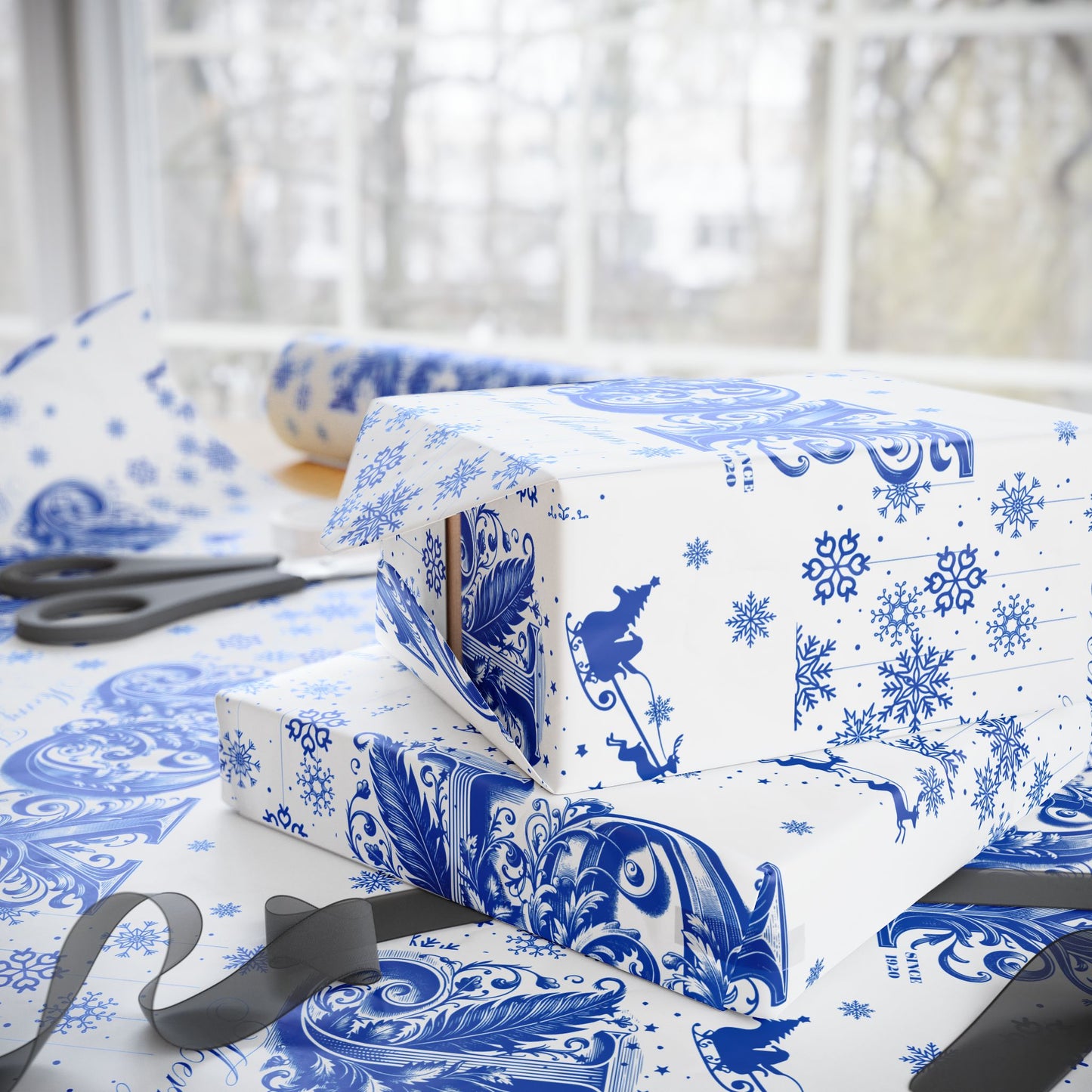 Wrapping Paper, Joy Since 1920 Zeta Inspired Christmas Gift Wrap, Royal Blue and White, Have a Merry Finer Christmas, Holiday