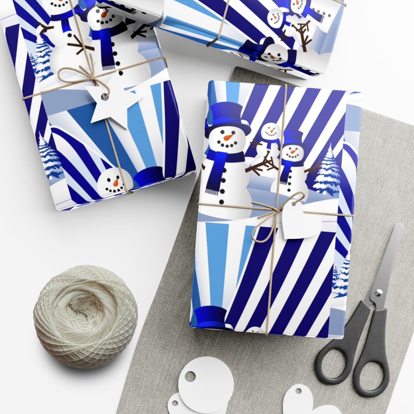 Wrapping Paper, Festive Snowman Holiday Gift Wrap, Winter Blue White Stripes, Christmas , Rustic Pine Branches, Cheerful