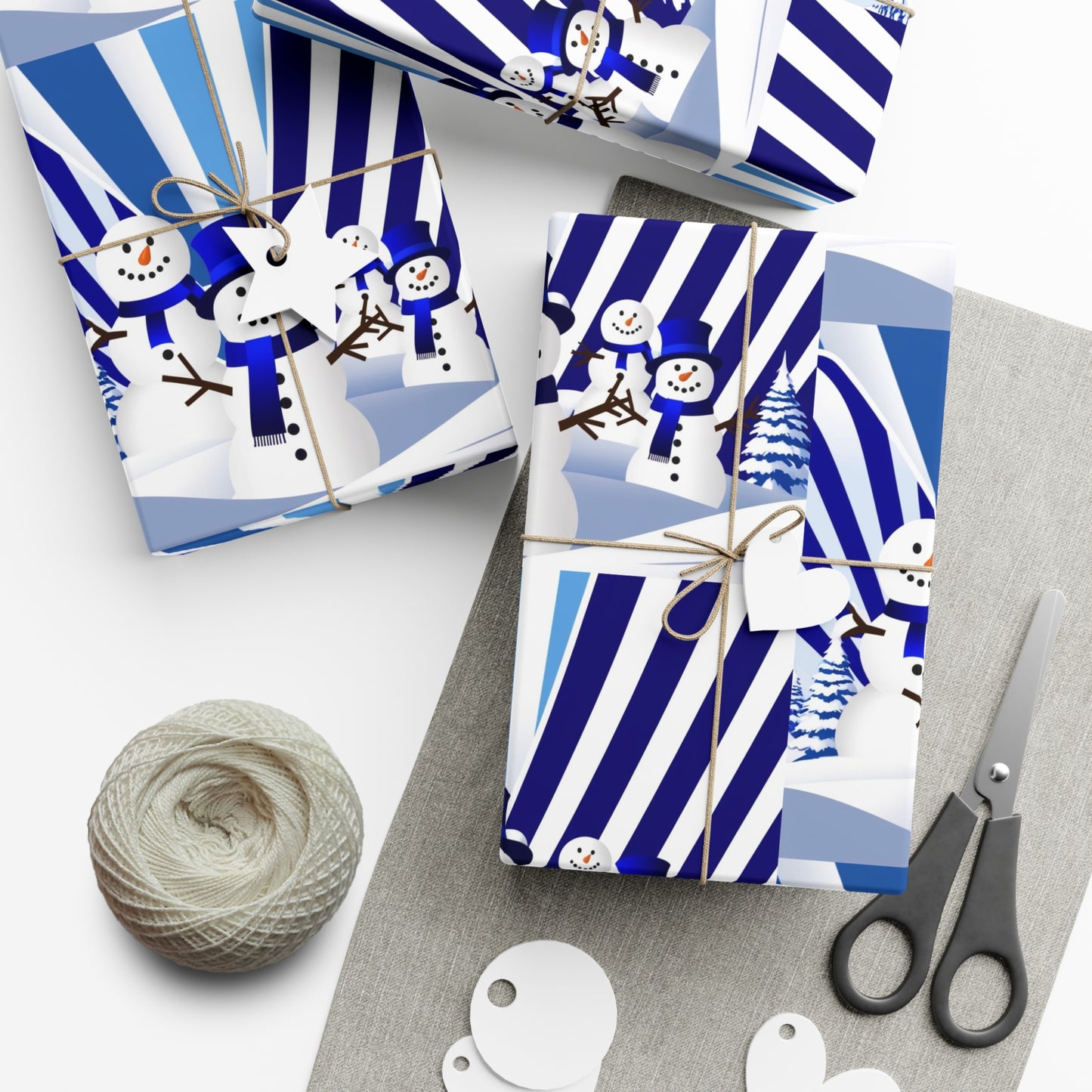 Wrapping Paper, Festive Snowman Holiday Gift Wrap, Winter Blue White Stripes, Christmas , Rustic Pine Branches, Cheerful