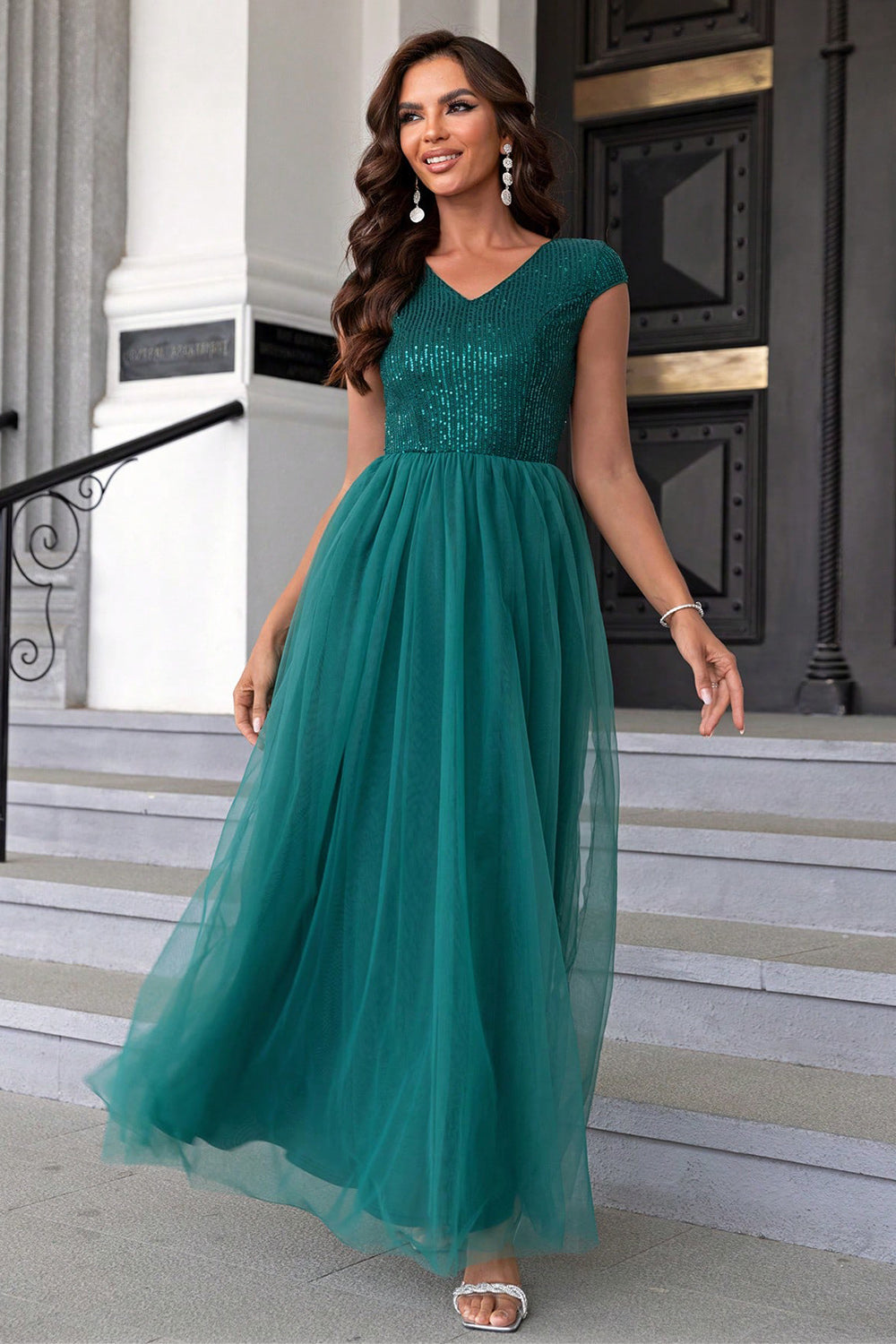 Sequin V-Neck Mesh Maxi Dress-VMA Specialties Boutique