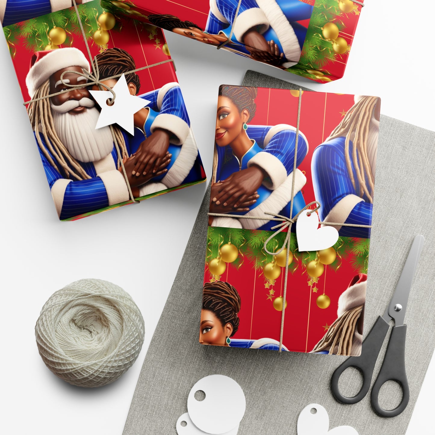 Wrapping Paper Black Santa and Mrs Hint of Ble