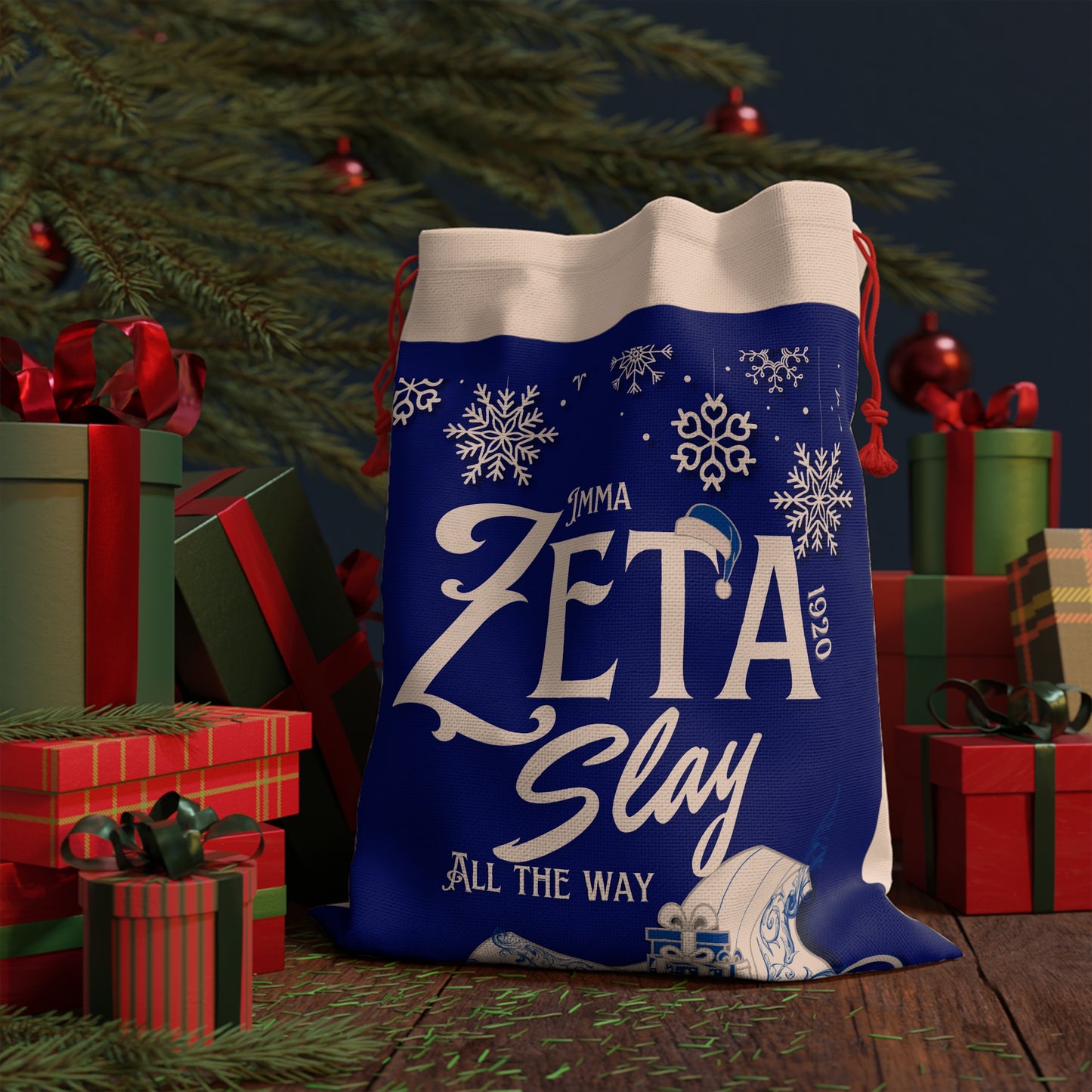 Gift Bag - Imma Zeta Slay All the Way Sorority Christmas Bag Royal Blue and White All Day with Just a Hint of Jolly