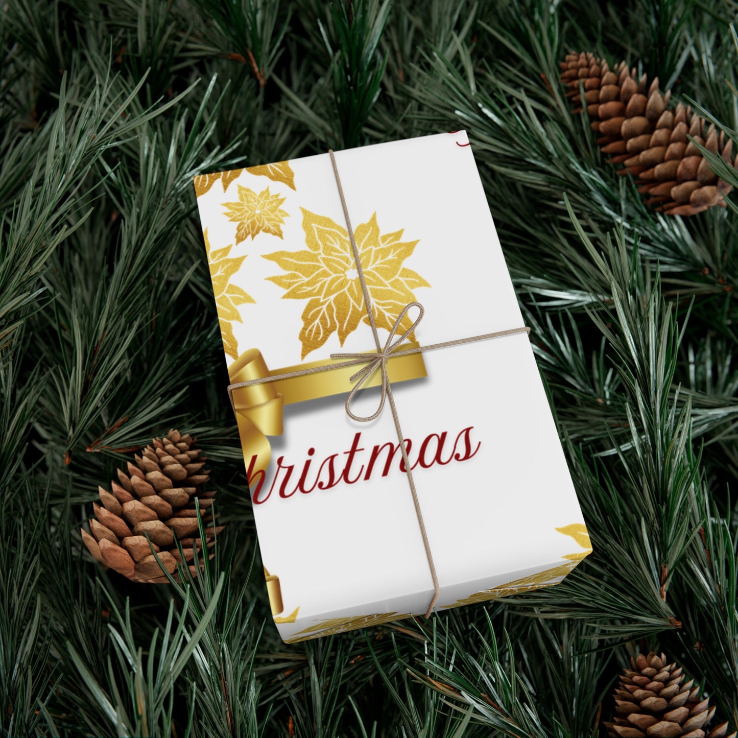 Wrapping Papers - Festive Golden Poinsettia Flowers Merry Christmas Gift Wrap Roll, Elegant White Gold Ribbon Accents,