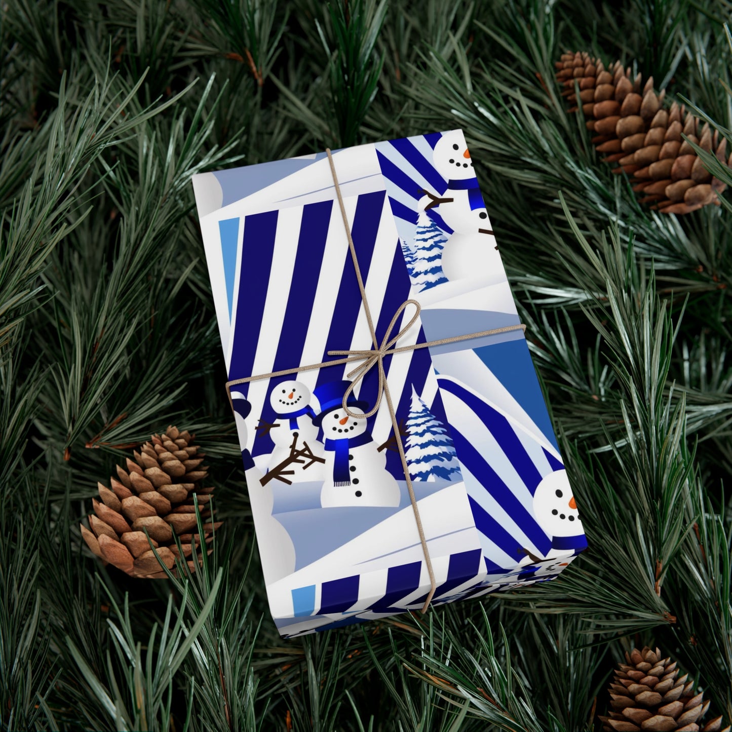 Wrapping Paper, Festive Snowman Holiday Gift Wrap, Winter Blue White Stripes, Christmas , Rustic Pine Branches, Cheerful