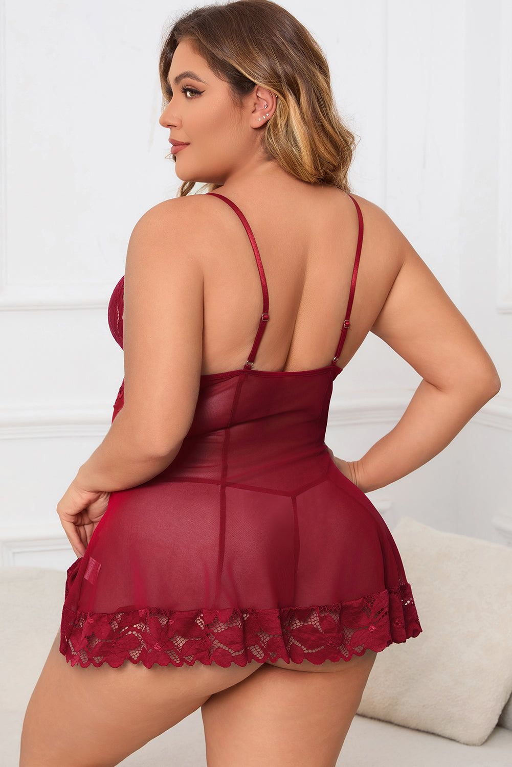 Plus Size Lace Detail Spaghetti Strap Lounge Dress-VMA Specialties Boutique