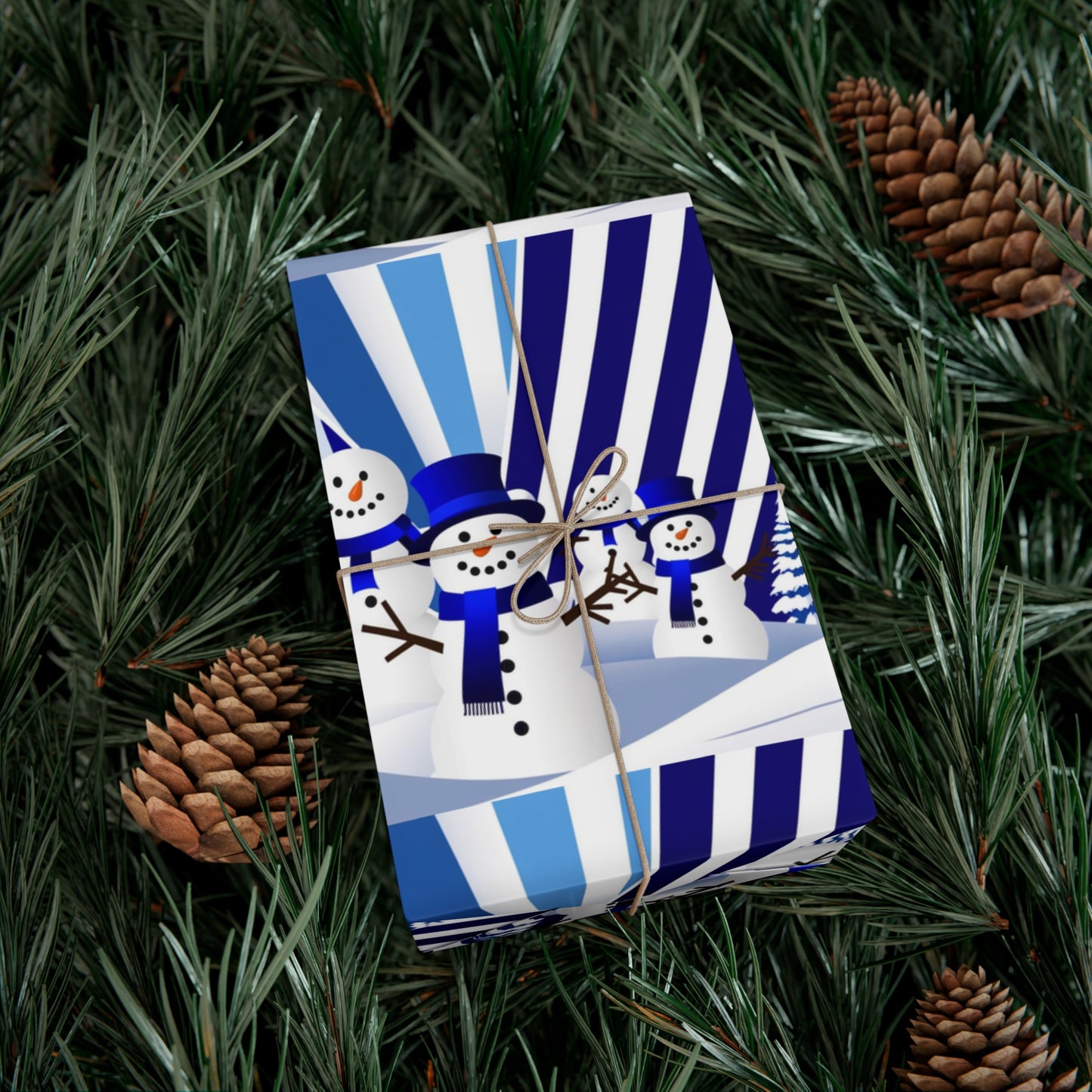 Wrapping Paper, Festive Snowman Holiday Gift Wrap, Winter Blue White Stripes, Christmas , Rustic Pine Branches, Cheerful