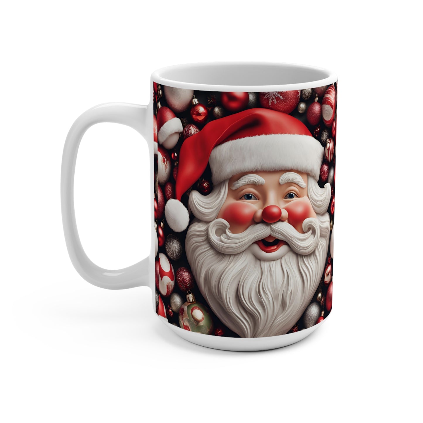 Mug 15oz - Santa Deck the Halls with Colorful Ornament Design