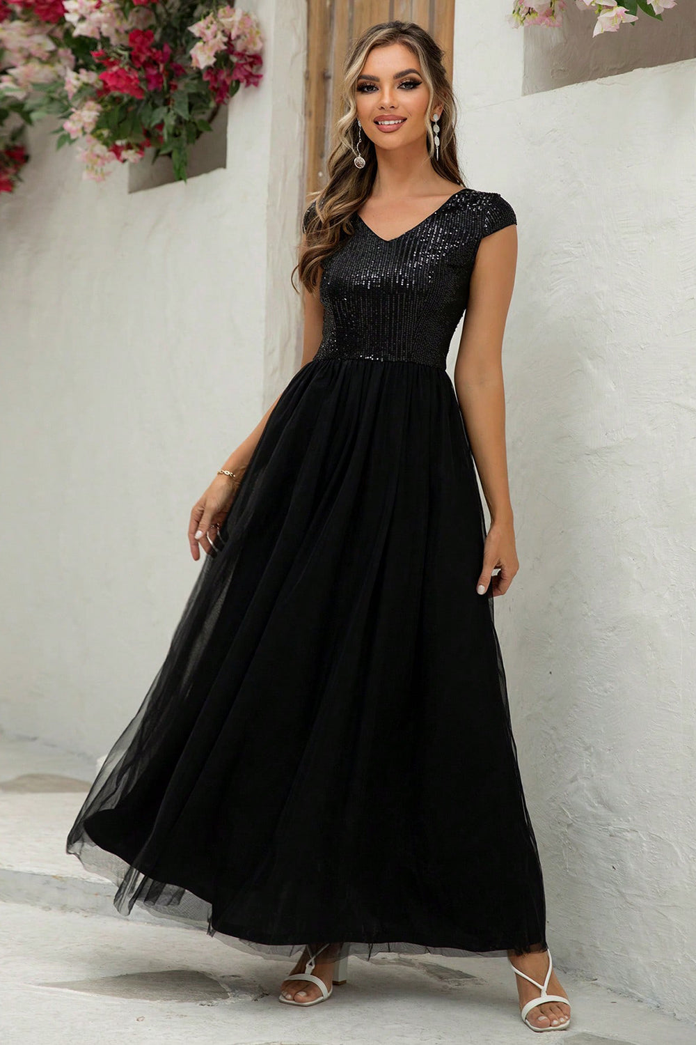 Sequin V-Neck Mesh Maxi Dress-VMA Specialties Boutique