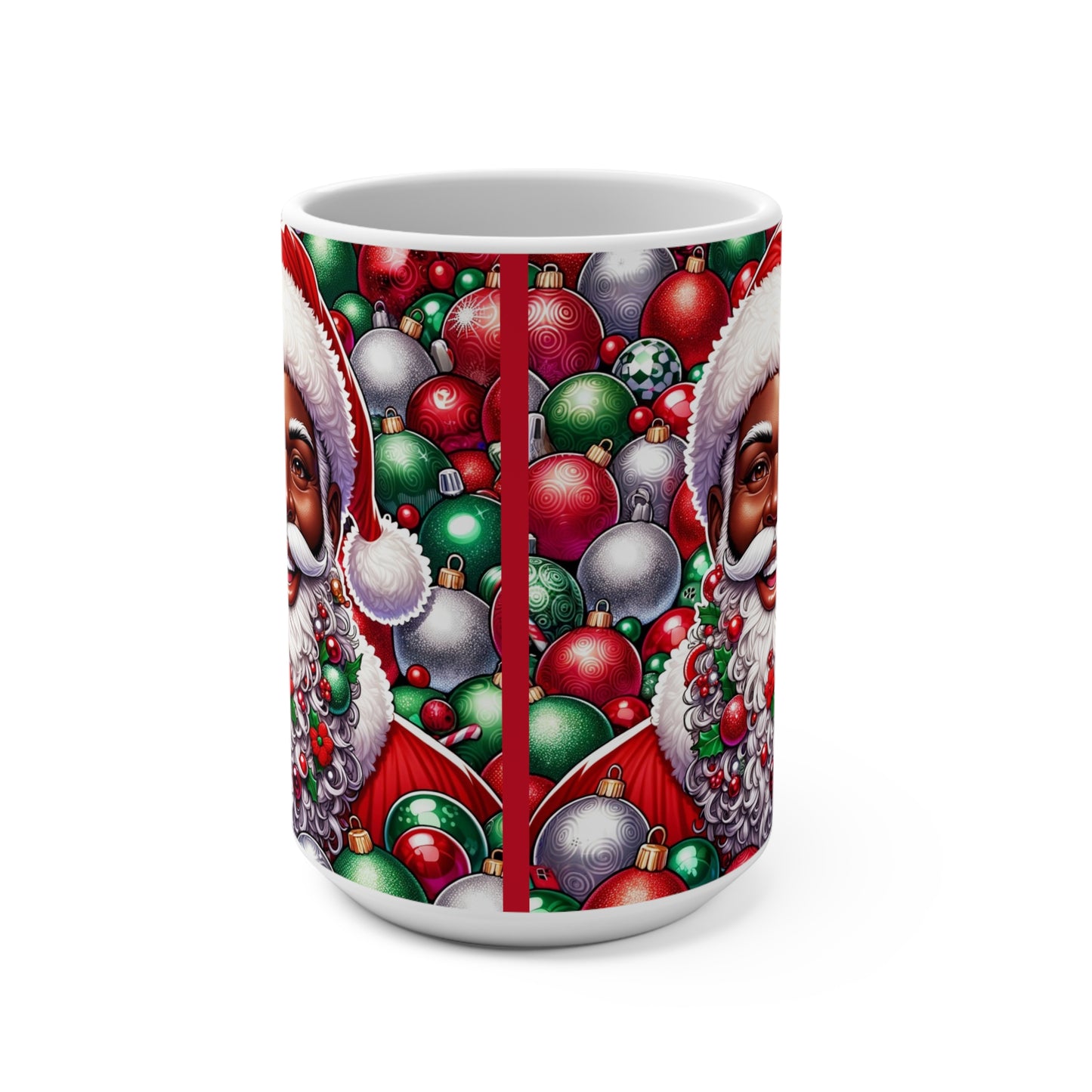 Mug 15oz - African American Santa Deck the Halls with Colorful Ornament Design