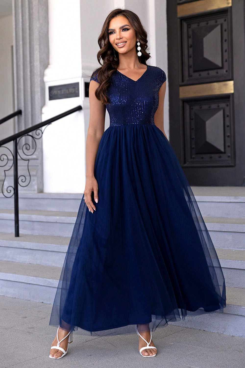 Sequin V-Neck Mesh Maxi Dress-VMA Specialties Boutique