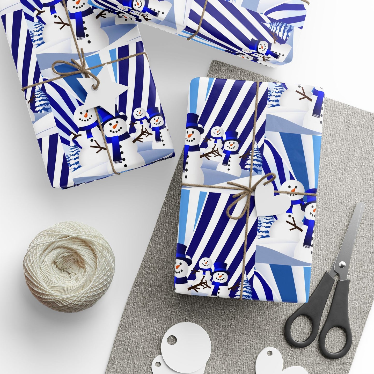 Wrapping Paper, Festive Snowman Holiday Gift Wrap, Winter Blue White Stripes, Christmas Present Packaging, Rustic Pine Branches, Cheerful