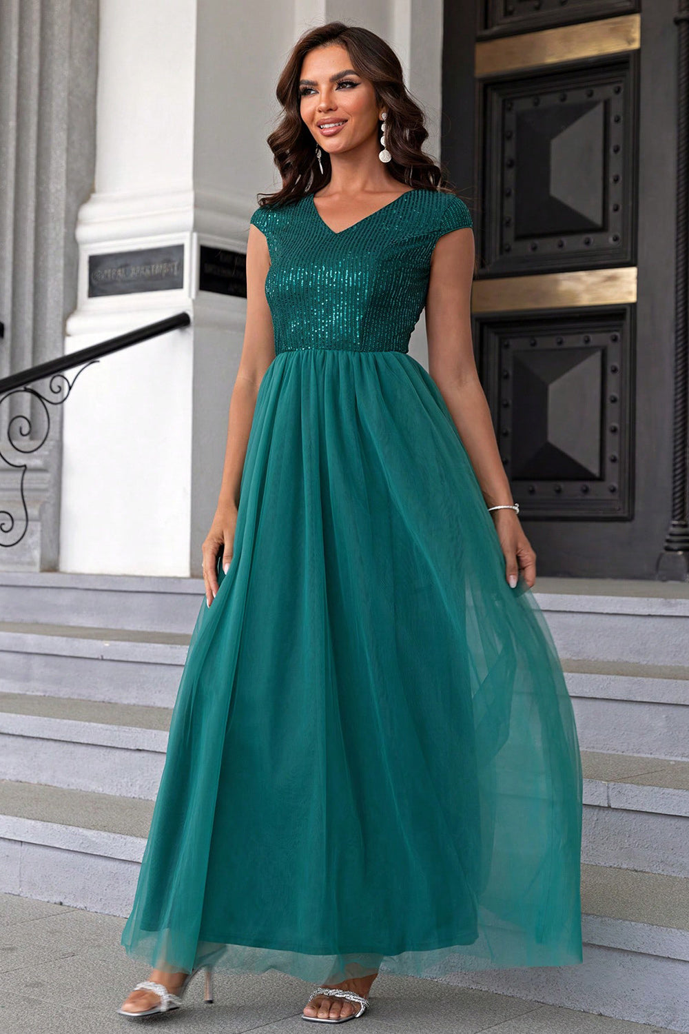 Sequin V-Neck Mesh Maxi Dress-VMA Specialties Boutique
