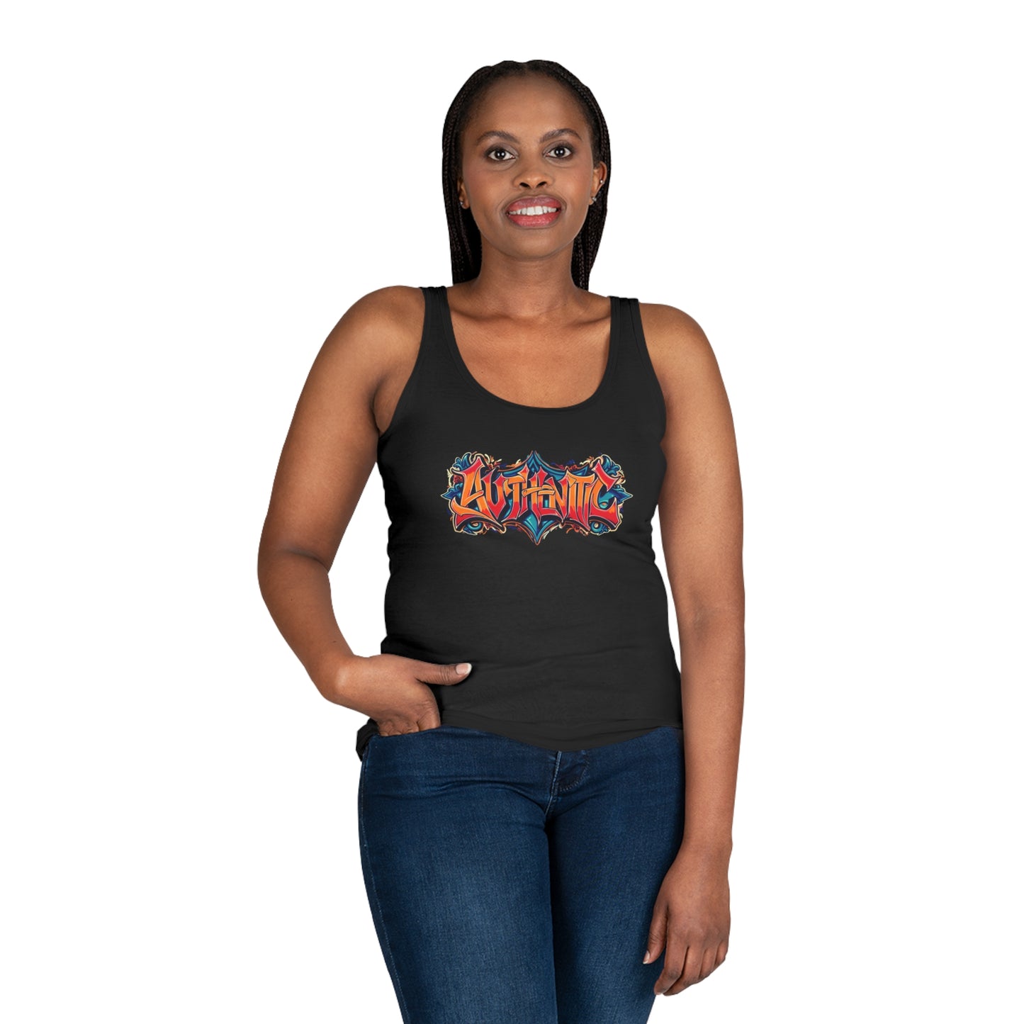 Authentic Women's Tank Top, Graffiti Style Design, Soft and Trendy, Black Gray White, Jeans Shorts Layered Jacket, Casual