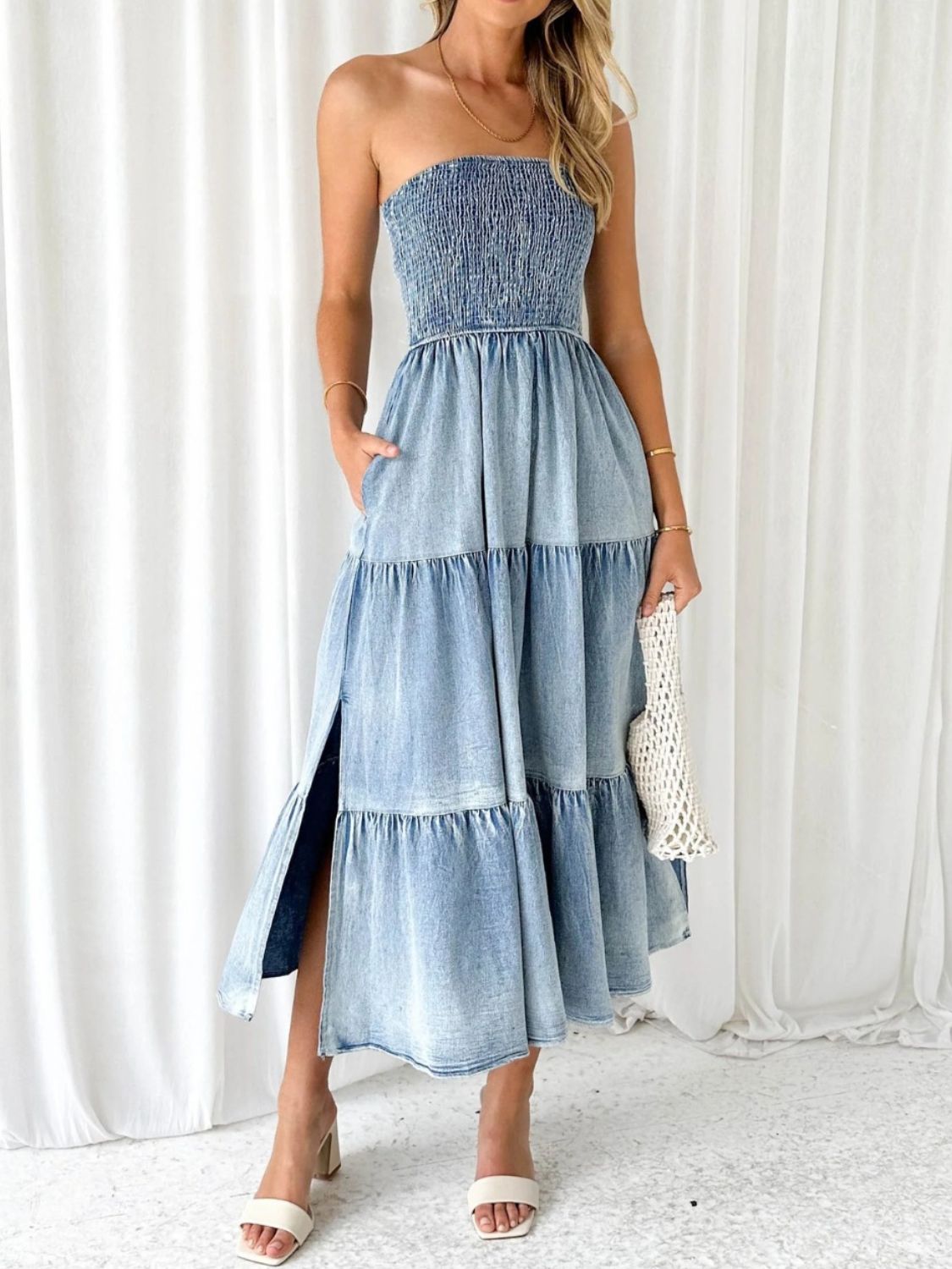 Slit Smocked Tube Tiered Denim Dress-VMA Specialties Boutique