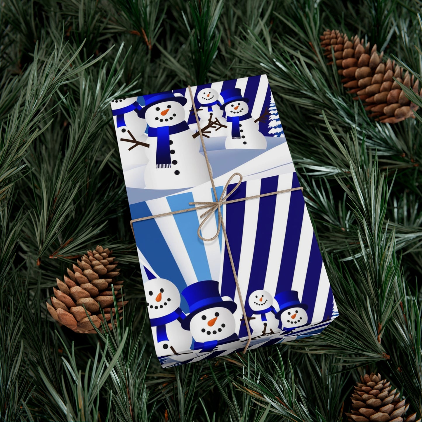 Wrapping Paper, Festive Snowman Holiday Gift Wrap, Winter Blue White Stripes, Christmas , Rustic Pine Branches, Cheerful