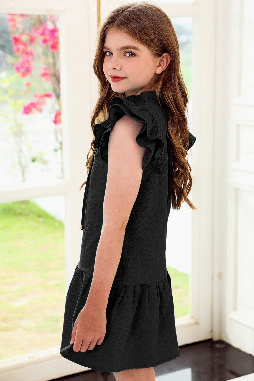 Tie Neck Flutter Sleeve Dress-VMA Specialties Boutique
