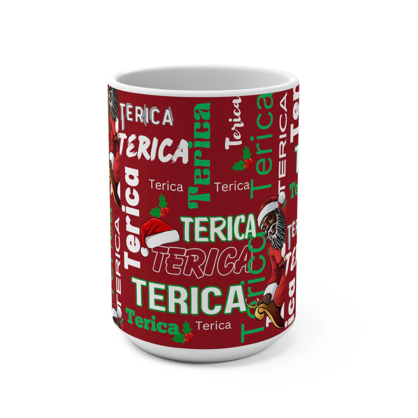Red Writing Wall Mug, Black Santa Knows My Name, Your Name, 15oz Cup for Holidays, Christmas Gift, Personalized