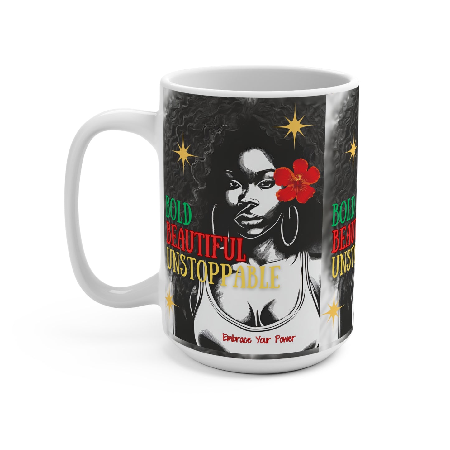 Bold Beautiful Unstoppable Empower She RED Black Gold Colors Mug