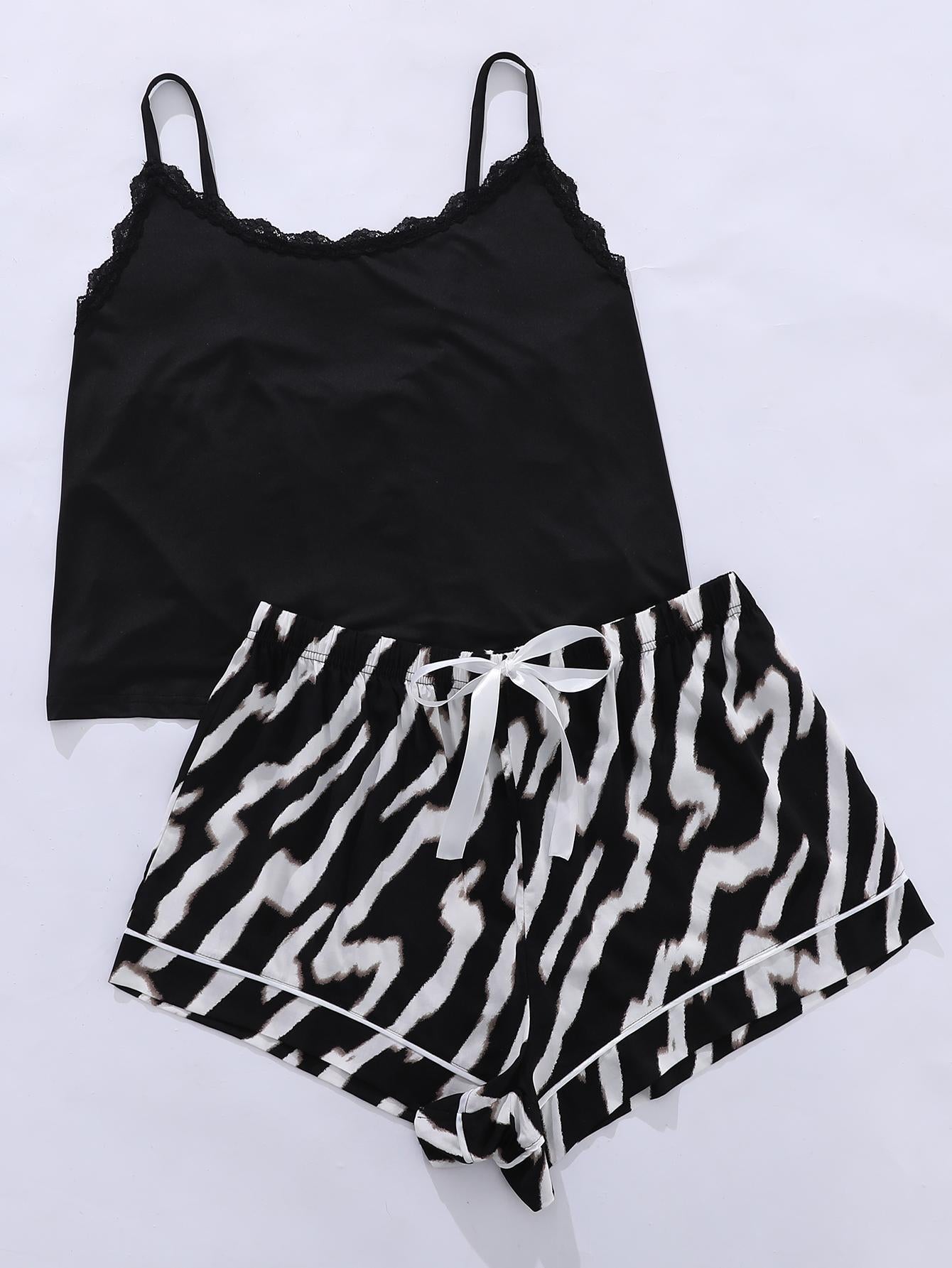 Plus Size Lace Trim Scoop Neck Cami and Printed Shorts Pajama Set-VMA Specialties Boutique