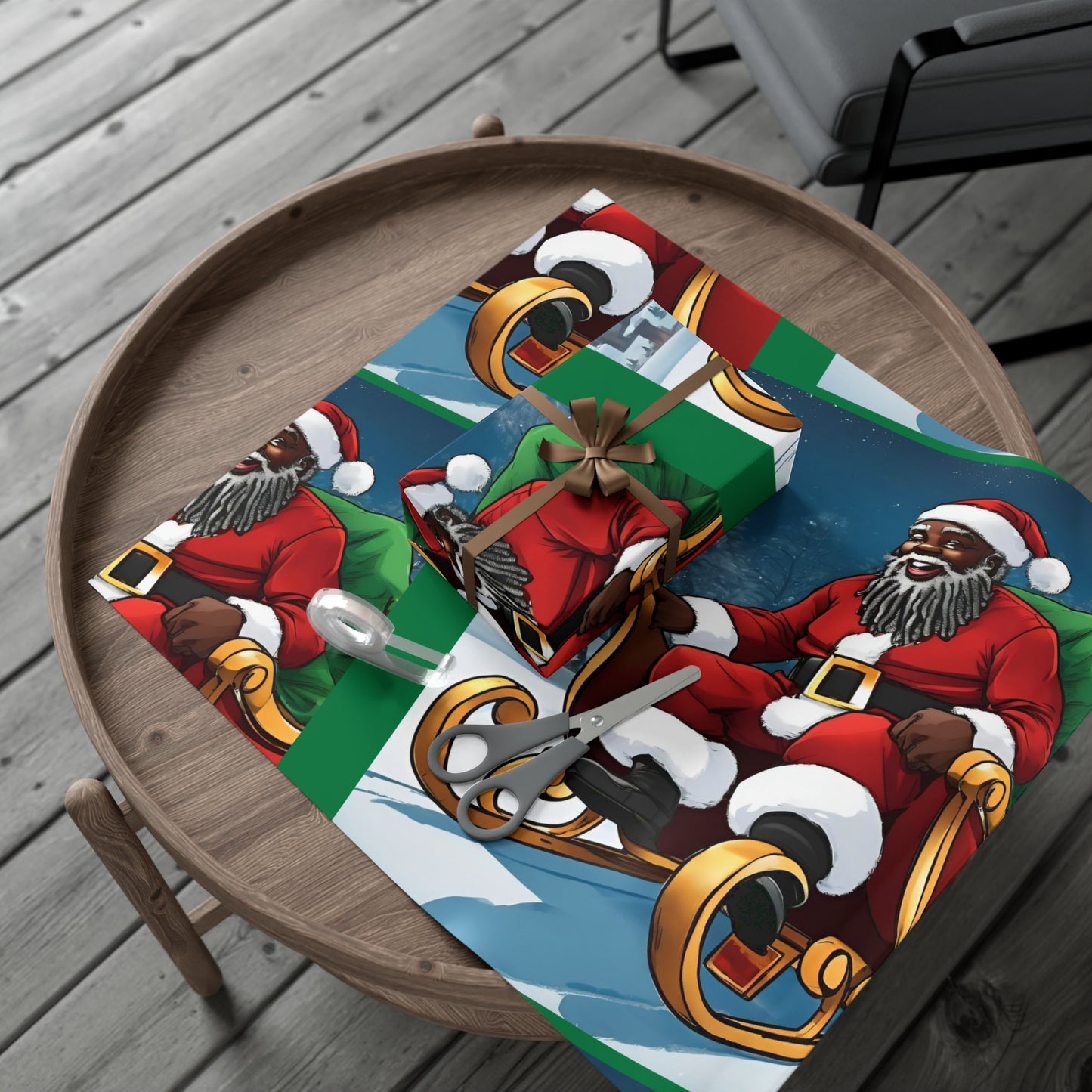 Gift Wrap-African American Inspired Santa on Sleigh